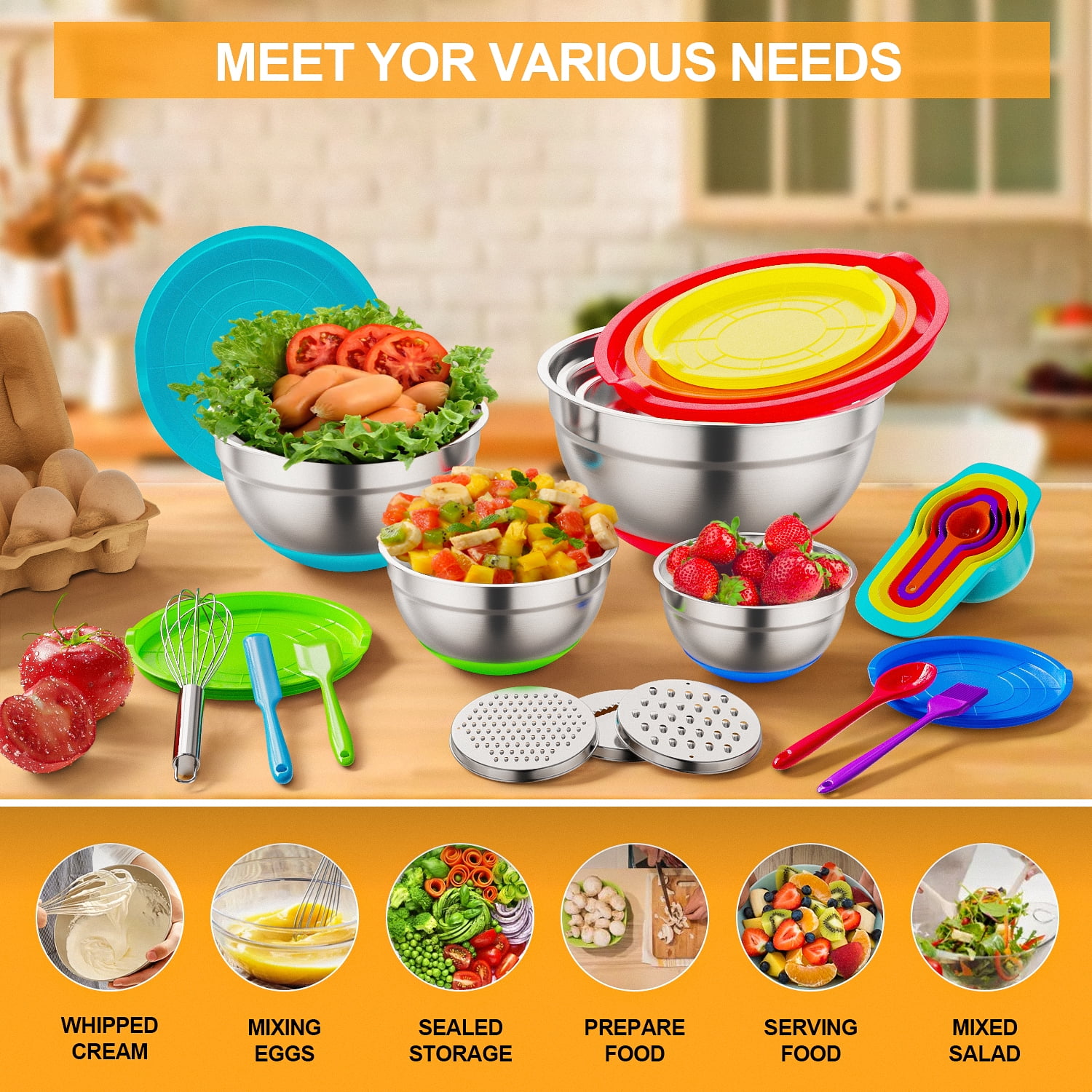 TINANA 26-Piece Stainless Steel Mixing Bowl Set with Lids and Kitchen Gadgets (Multicolor, 1.5 to 7 QT) tv1sf