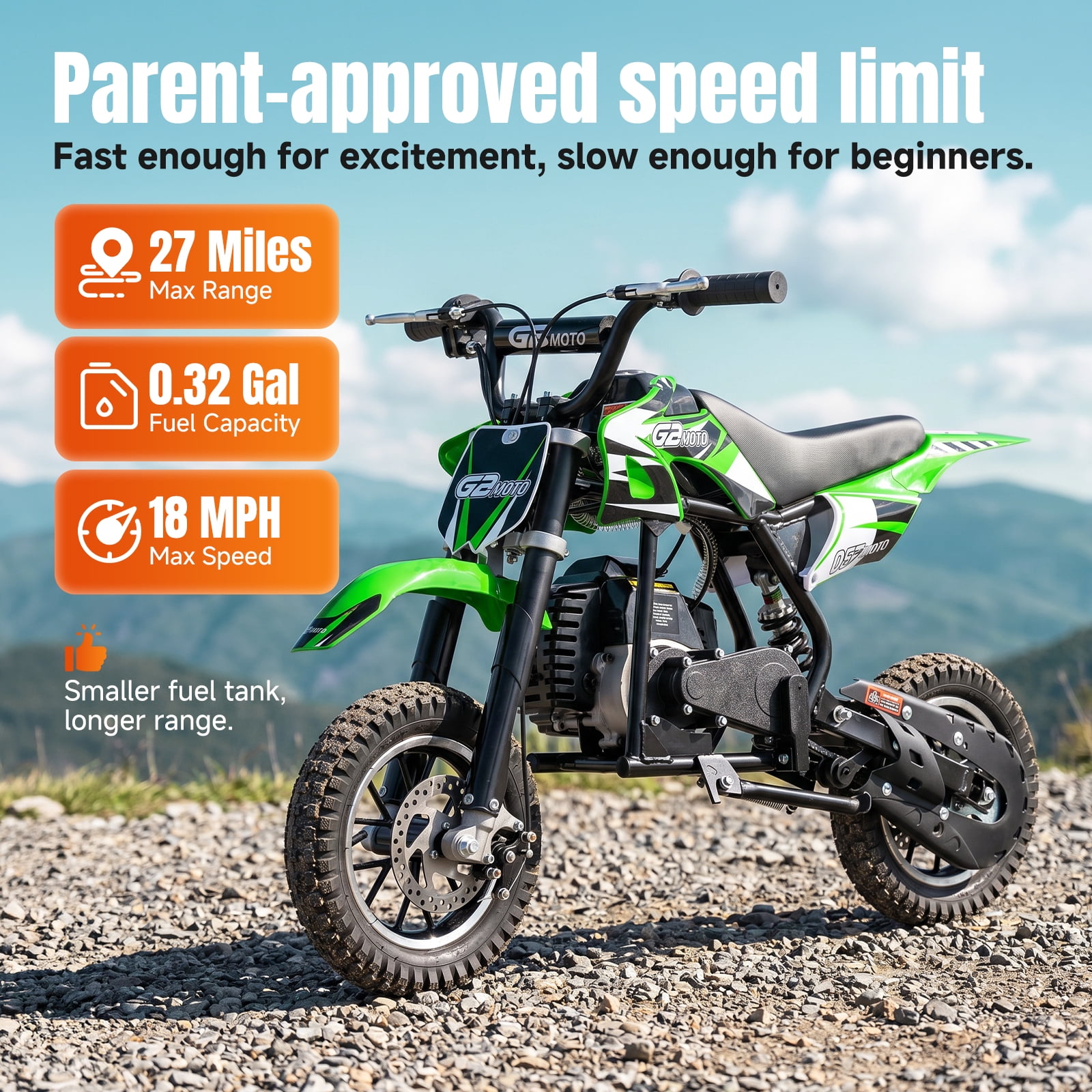 IVFJFV 39cc 4-Stroke Gas Dirt Bike for Beginners, Mini Off-Road Motorcycle with Disc Brakes and Rear Suspension (Green, 48 lb) 5981e