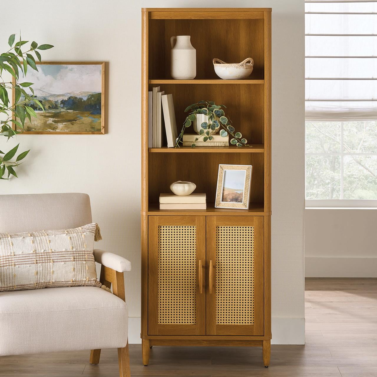 Better Homes & Gardens Springwood Bookcase with Doors, Decorative Rattan Storage Cabinet (Light Honey, 71.97 in H) eh2p1