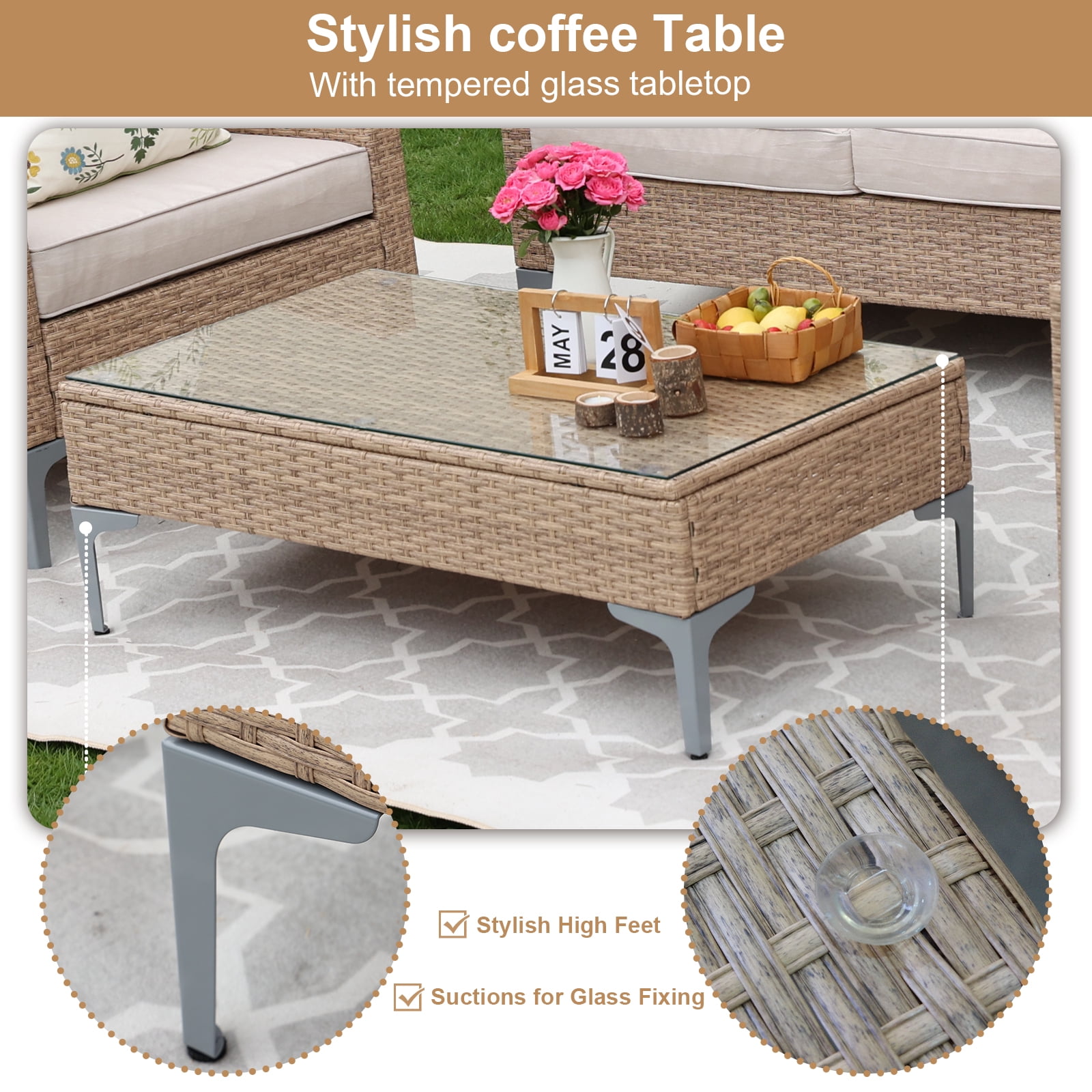 JOYURE 4-Piece Outdoor Wicker Patio Furniture Set with Tempered Glass Table and Cushions (Beige, 4-Piece) uvfta