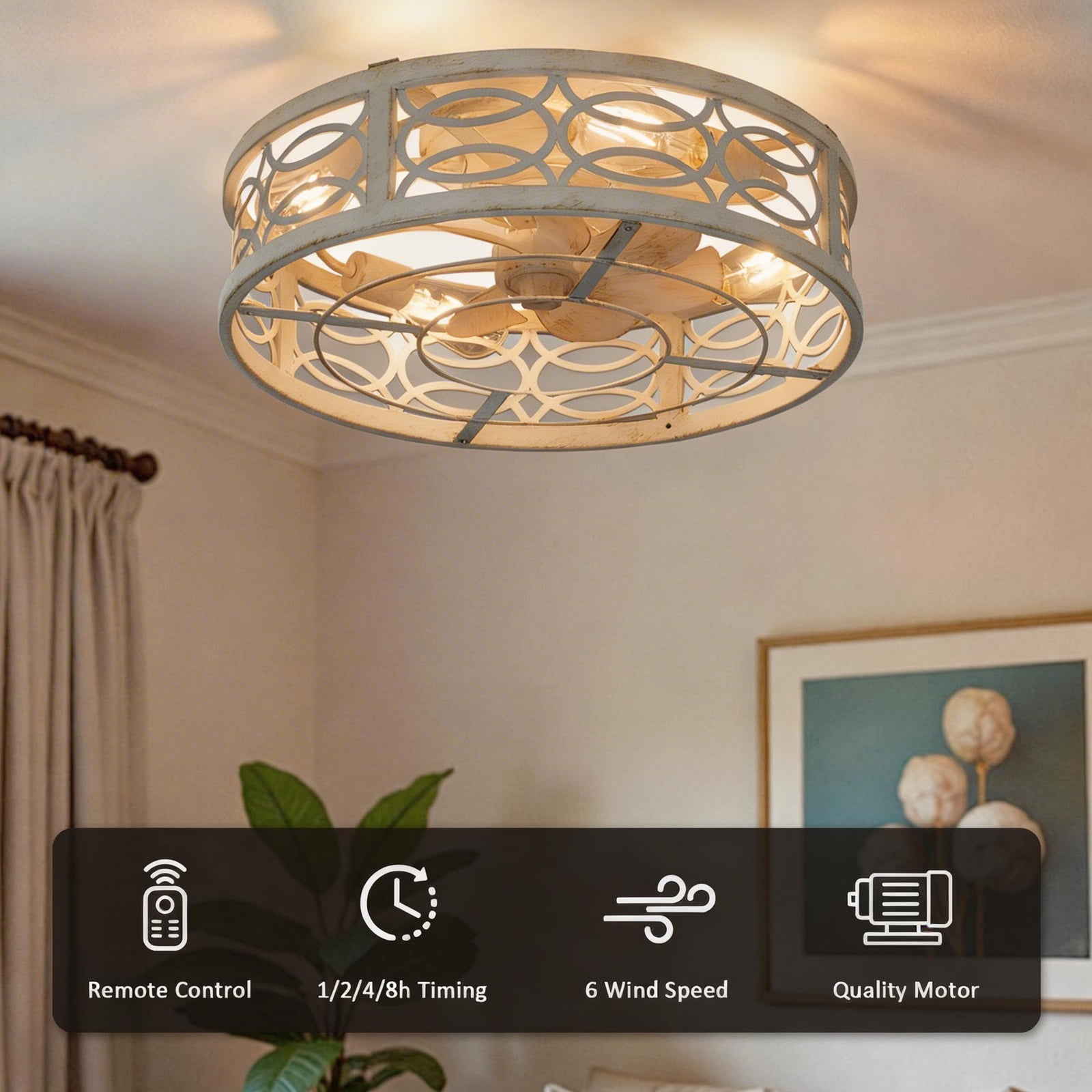 RJFKSNC Caged Ceiling Fan with Lights and Remote, Flush Mount Low Profile Indoor Fan for Bedroom and Kitchen (20 in) u7bzq