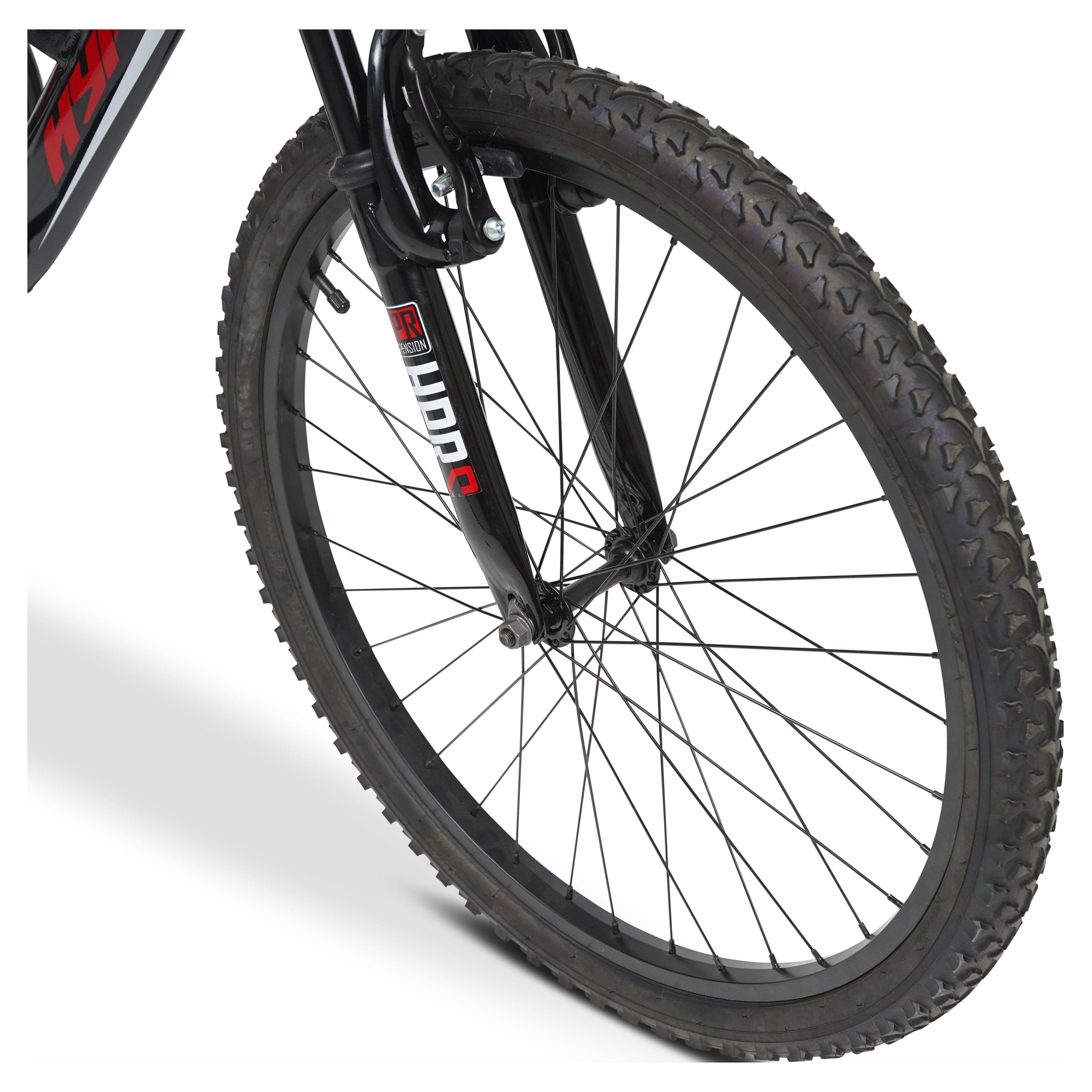 Hyper Bicycles Shocker Mountain Bike, Full Suspension, 18-Speed, Durable Steel Frame (Black/Red, 24 in) 1q8gl
