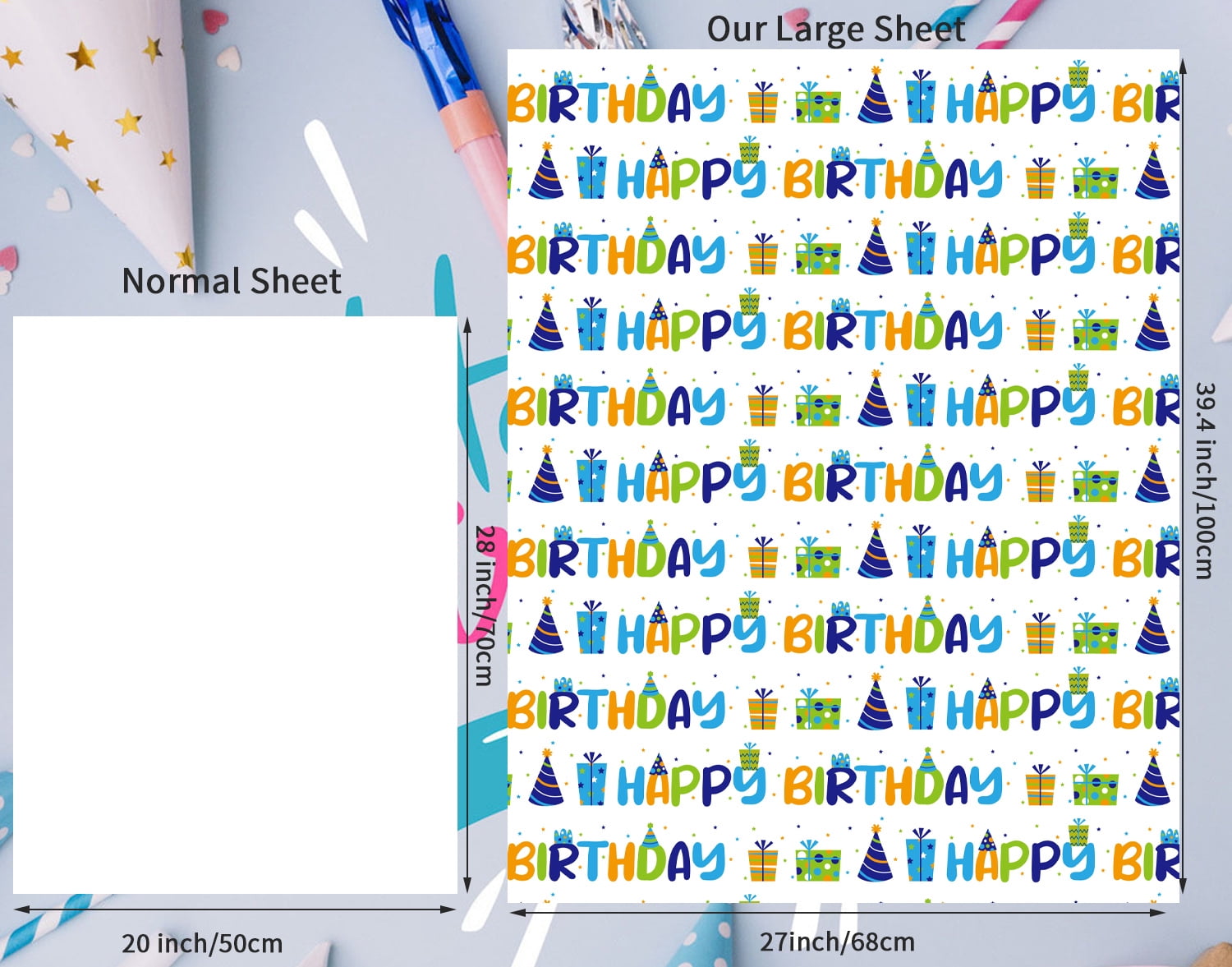 AUCLAY Birthday Gift Wrapping Paper, Festive Balloons and Candles Design (3-Sheet Pack, 27 in x 39.4 in) ofb7z