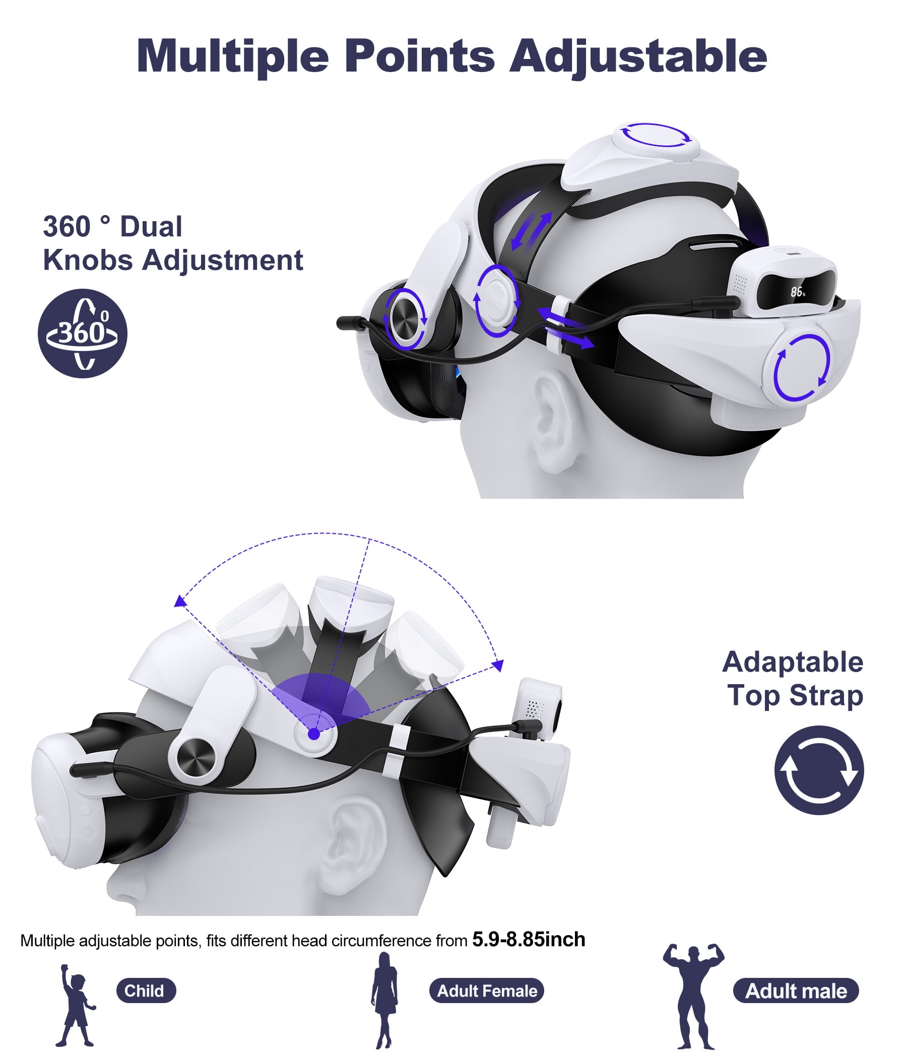 Esywen VR Head Strap with 7500mAh Battery for Meta Quest 3, 3S, and 2 (White, 7500mAh) 2p3hm