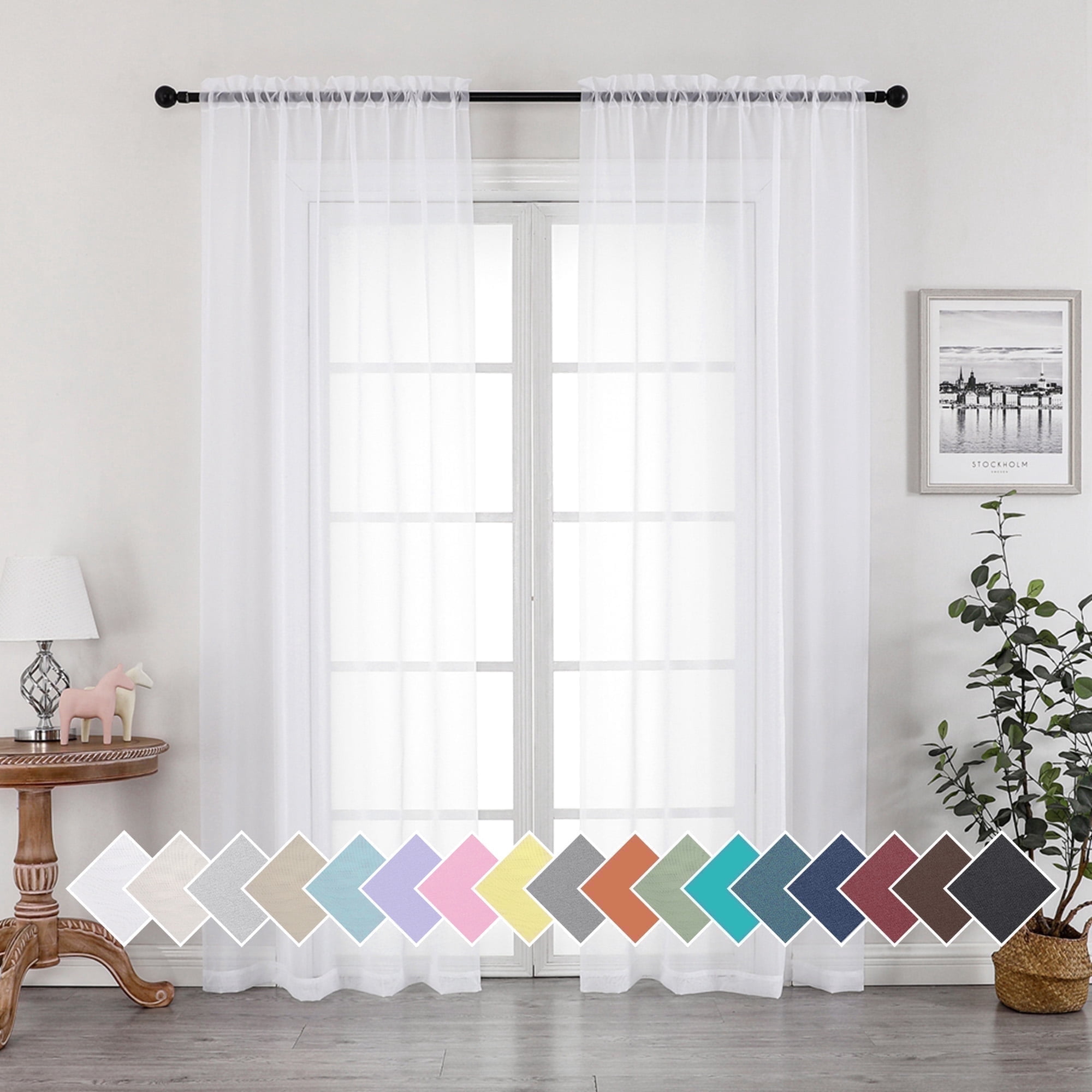 OVZME Semi-Transparent Voile Sheer Curtains, Rod Pocket Window Drapes for Bedroom and Living Room (White, 42 in x 84 in, 2 Panels) n9st5