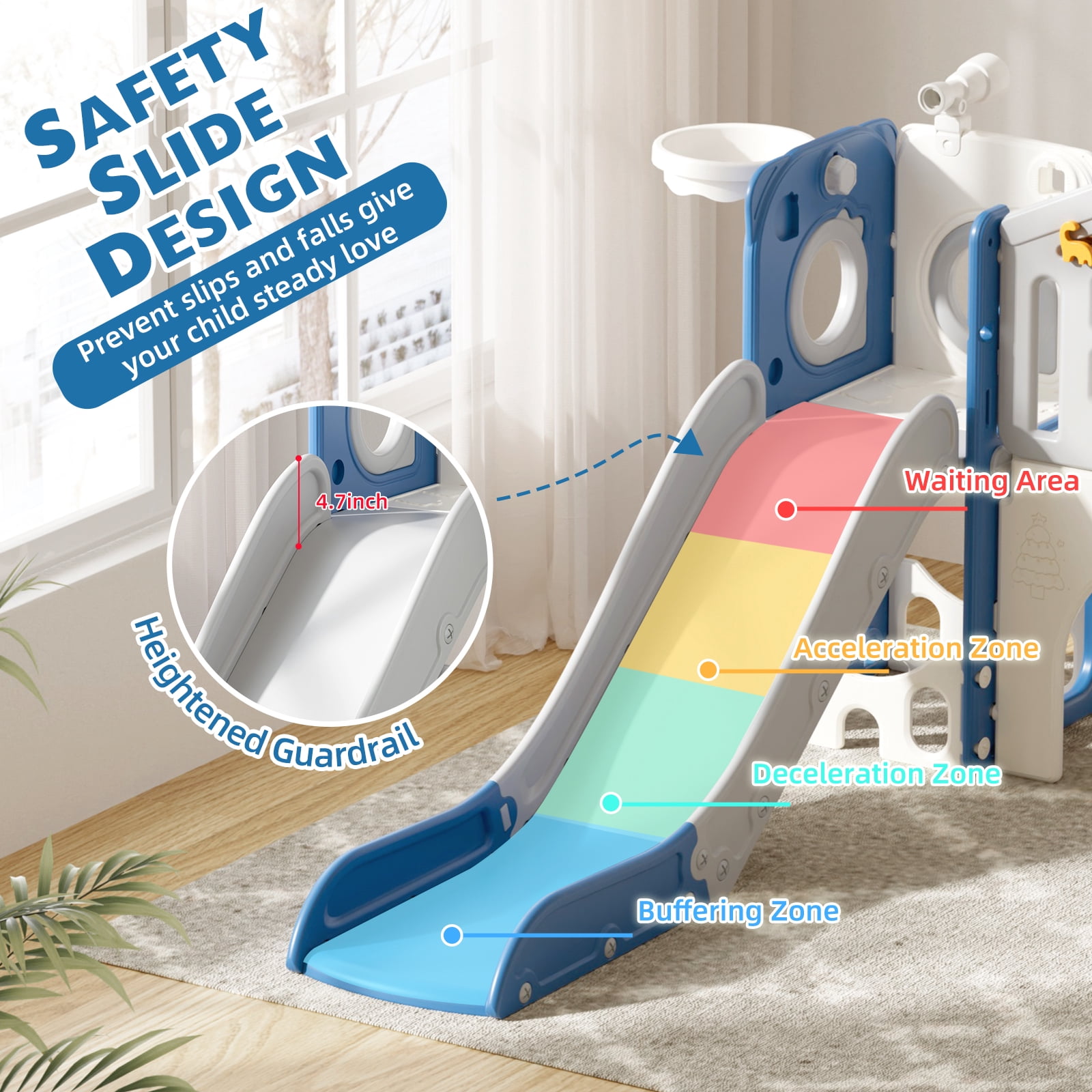 XJD 10-in-1 Toddler Slide and Activity Playset, Indoor and Outdoor Playground with Basketball Hoop and Climbing Zone (Blue and Gray) 125sk