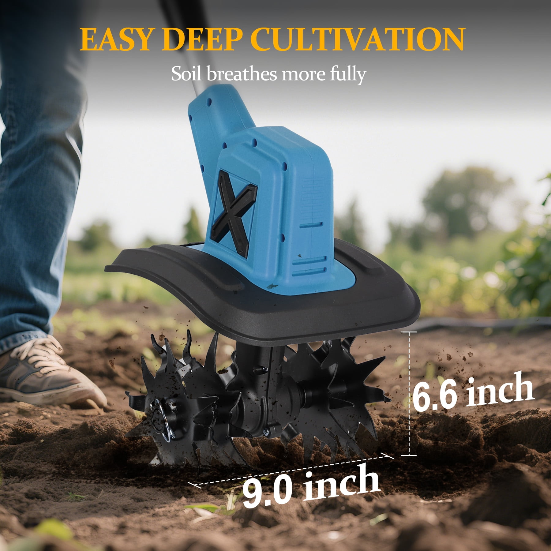 HUSGW 21V Cordless Electric Garden Tiller Cultivator, High-Torque Rotary Soil Tiller with 2 Batteries and Charger (9 in Width, 6 in Depth) r62x3