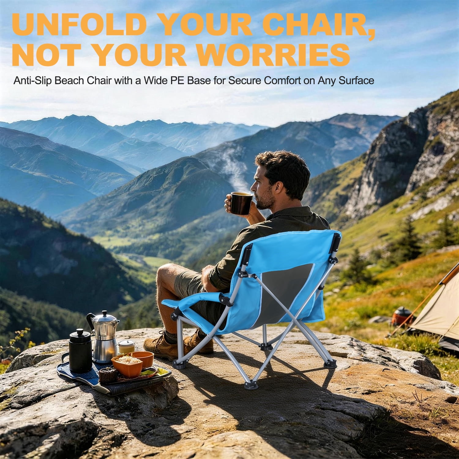 Coliware Folding Low Beach Chair, Portable Camping Chair with Side Cup Holder & Storage, Heavy Duty Outdoor Seat (Blue, 2-Pack) 3nugm