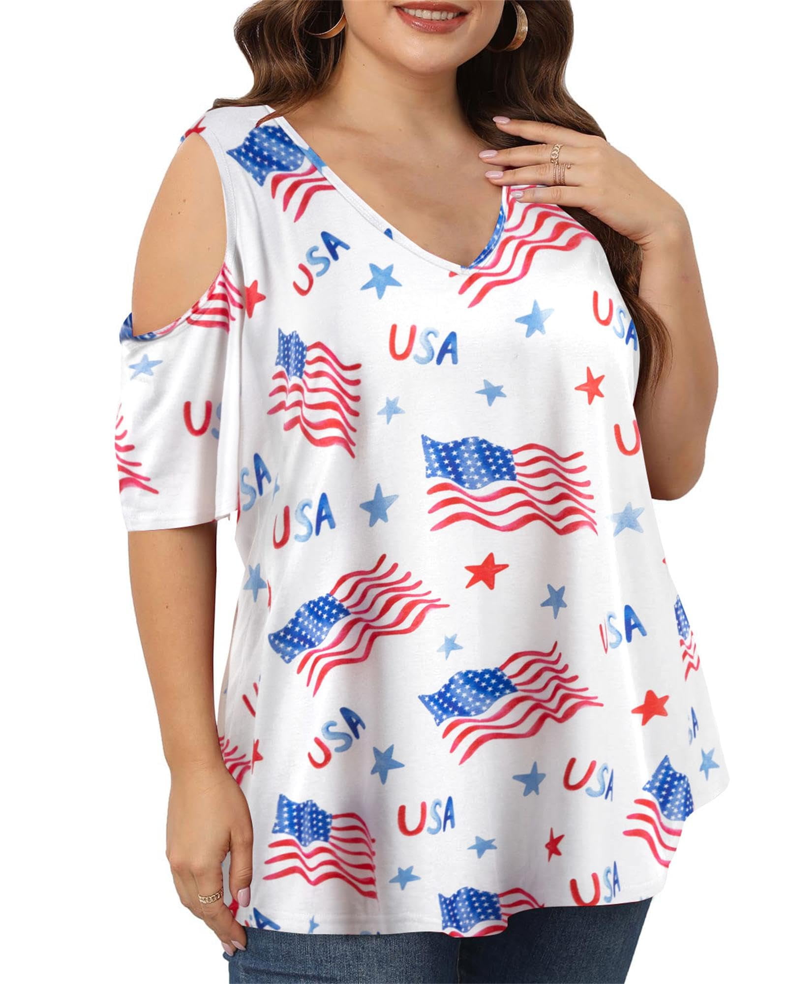 DEXIO Women Plus Size American Flag V-Neck T-Shirt Patriotic Cold Shoulder Graphic Top (White, 2X) j0x5i