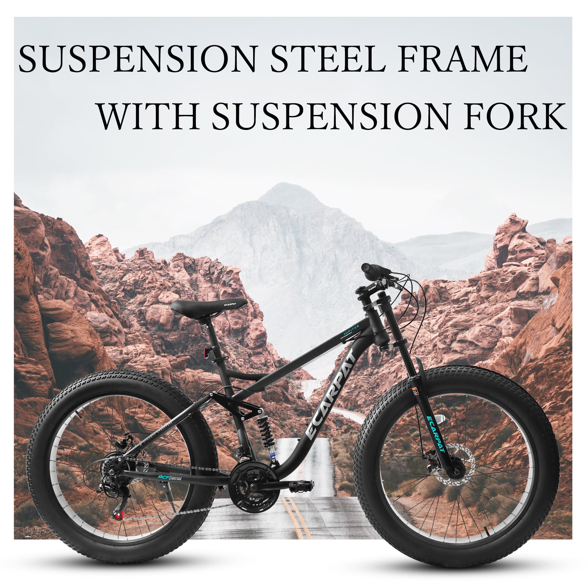 Ambifirner 26 in Fat Tire Mountain Bike, Full Suspension All-Terrain Bicycle with Shimano 21-Speed Drivetrain (Black, 26 in) 8g0rq