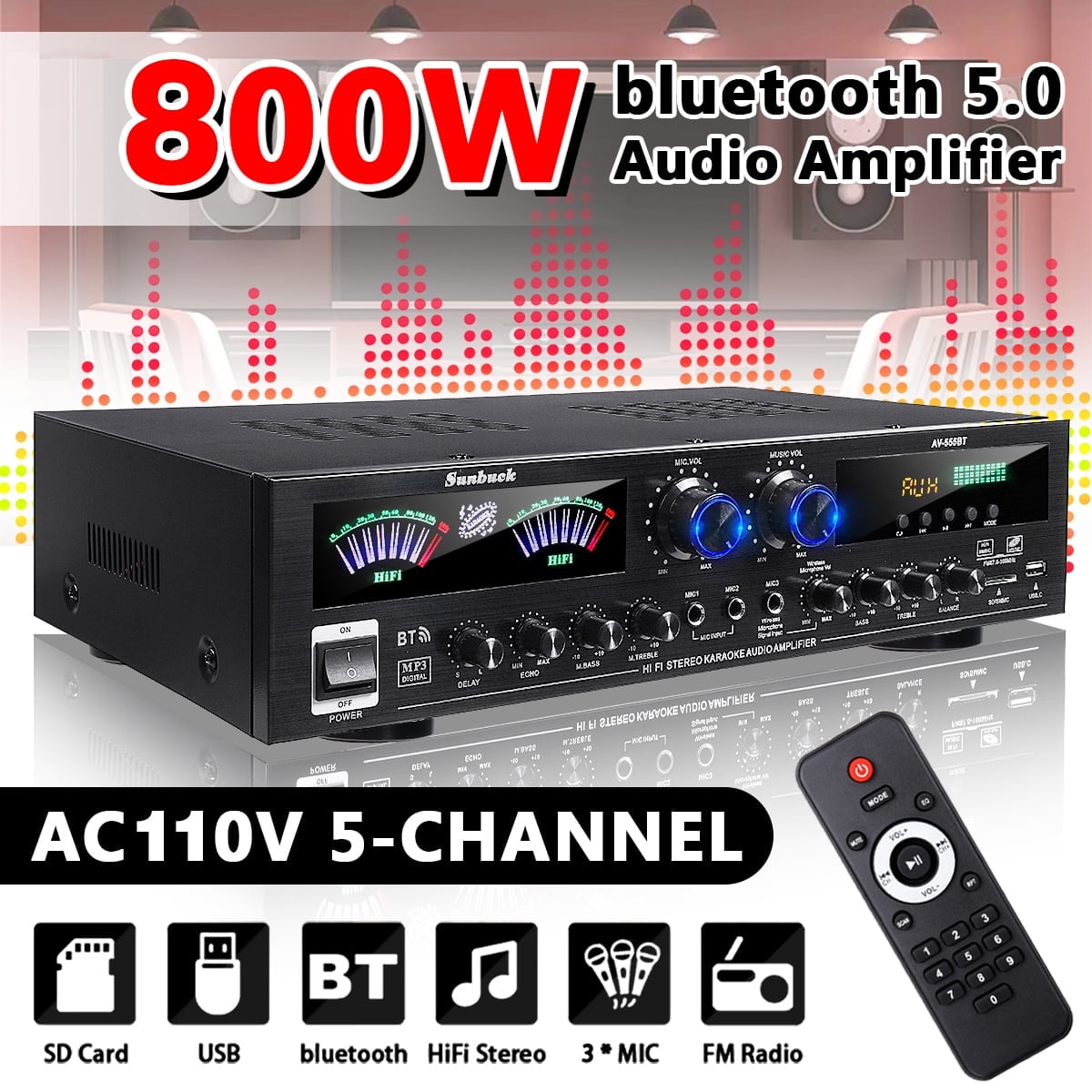 BlitzMax 800W Bluetooth Home Theater Stereo Receiver (Black, 5-Channel) vox5x