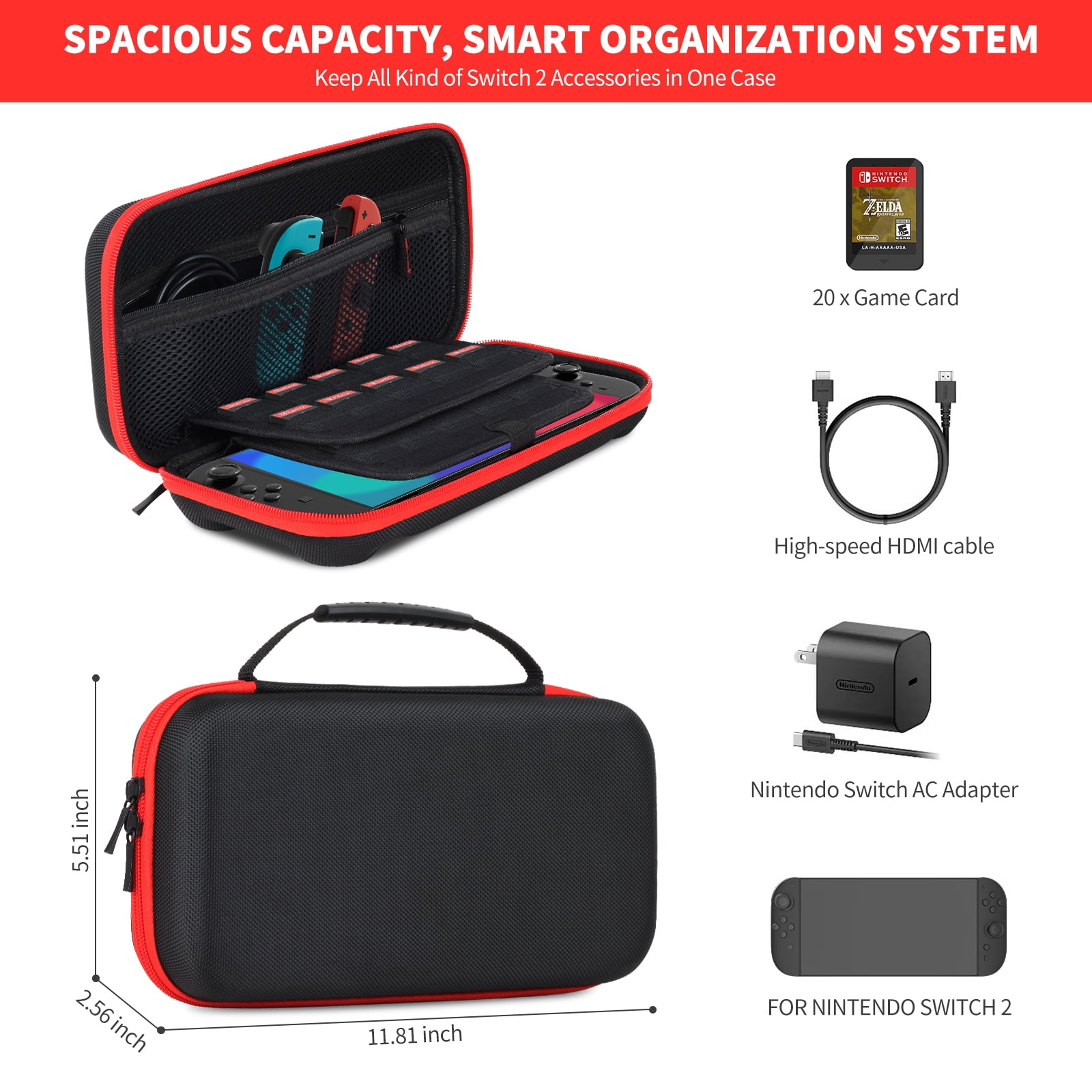 PHANCIR Carrying Case for Nintendo Switch 2 (2025) Protective Travel Bag with Screen Protector (Black, 11.81 in x 5.51 in x 2.56 in) se4aj