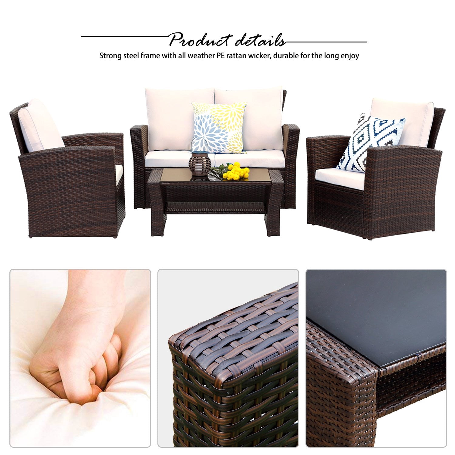 Cozy Home 4-Piece Rattan Outdoor Patio Furniture Set, Wicker Conversation Sofa and Coffee Table (Brown, 4-Piece Set) blo4v