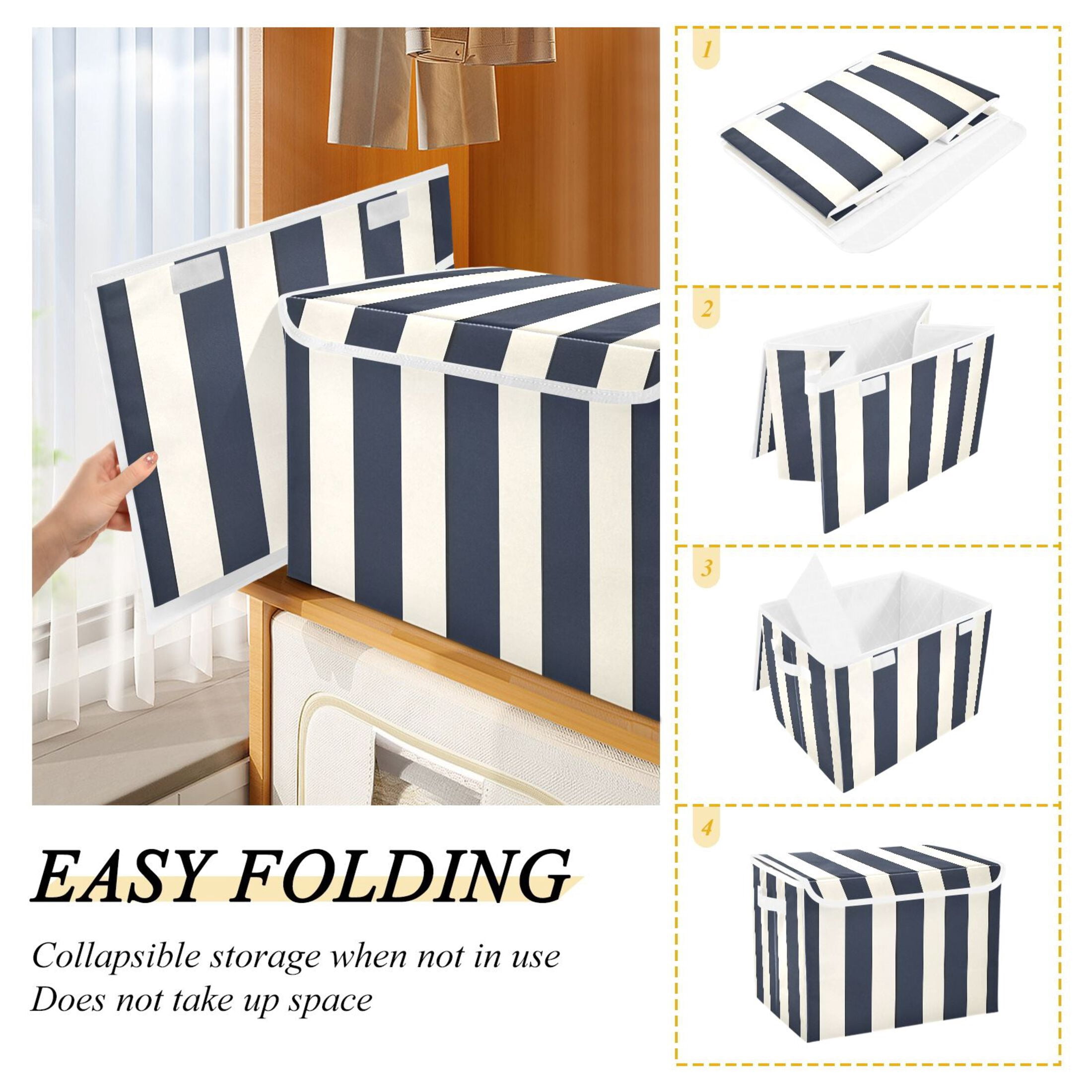 Booyaa Foldable Storage Bin with Lid and Handles, Vertical Stripe Fabric Organizer for Closet and Home (Navy Blue, 16.5 x 12.6 x 11.8 in) wvq29