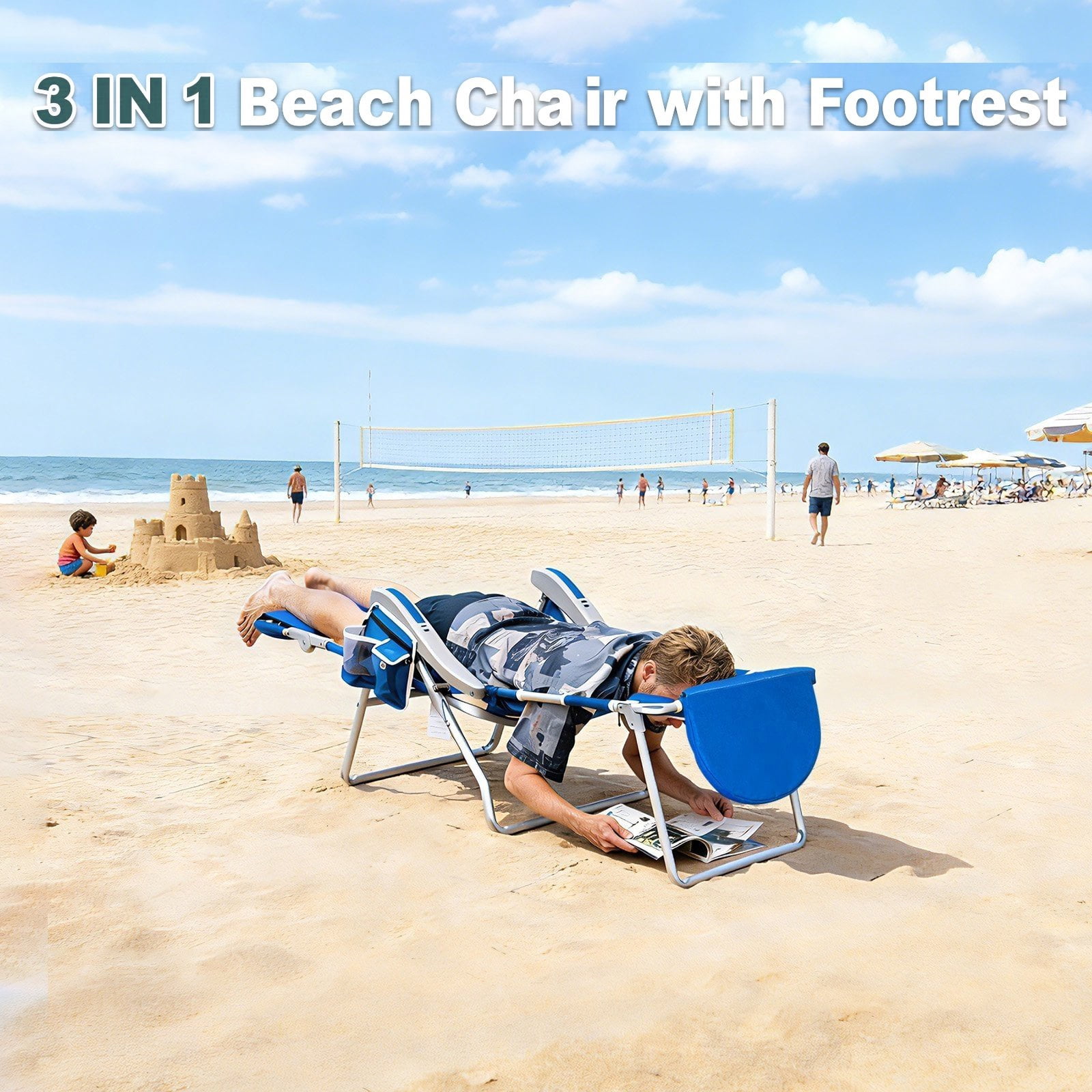 SUNSPIRE 3-in-1 Reclining Beach Chair with Face Hole and Cooler Bag (Blue, 14.6 in Seat Height) mgc0z