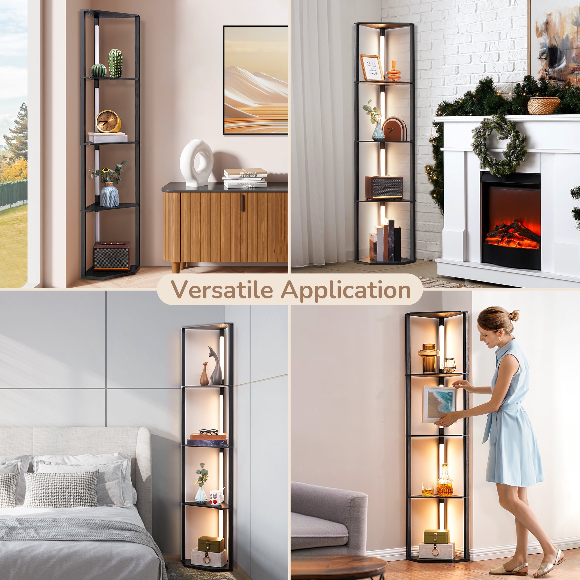 EDISHINE LED Shelf Floor Lamp, Modern Corner Standing Light with 4-Tier Storage Shelves, 3-Color Temperature & Dimmable (Black, 64.2 in) fwj29
