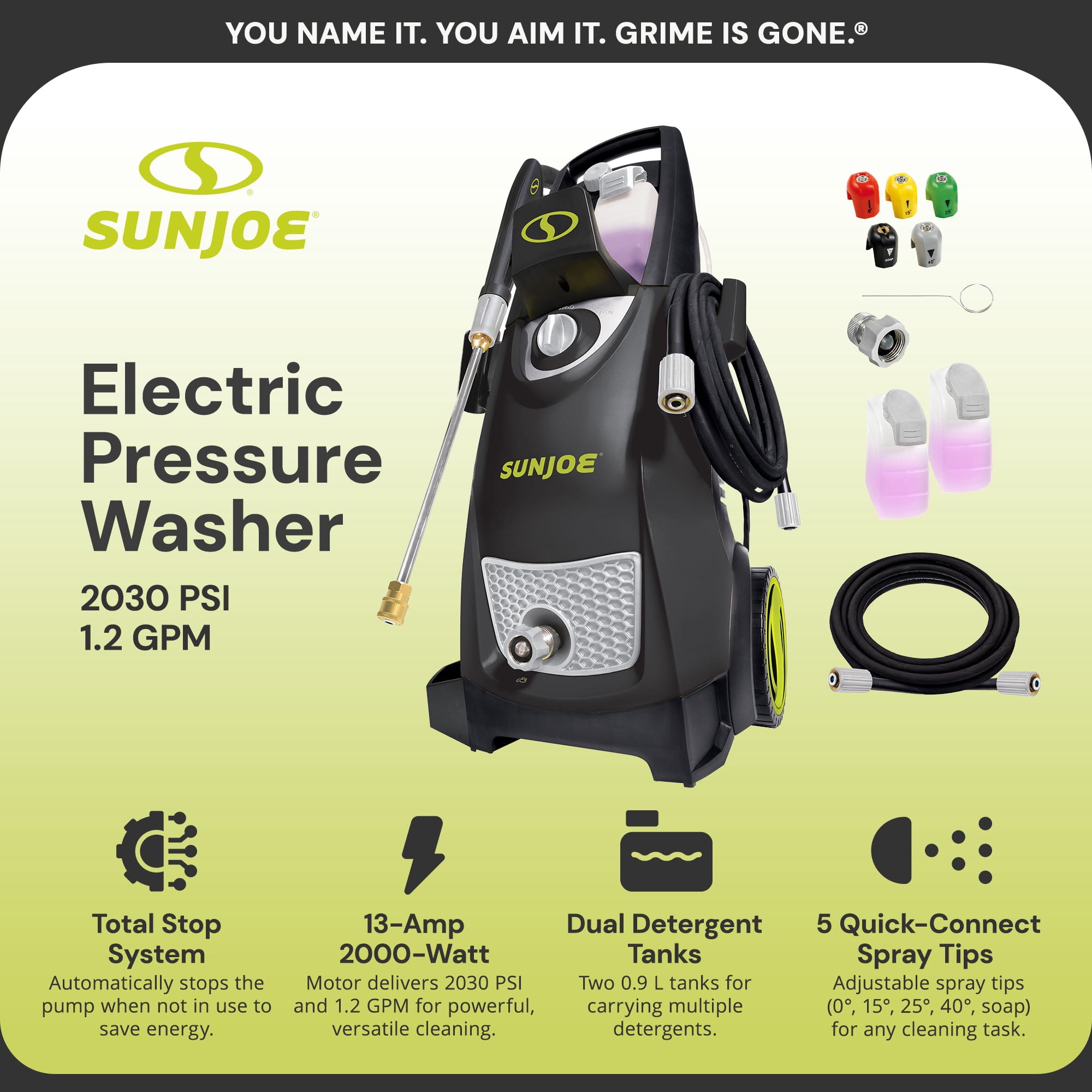 Sun Joe Electric Pressure Washer (2030 PSI, 1.2 GPM) with Dual Detergent Tanks and 5 Quick-Connect Nozzles q7shf