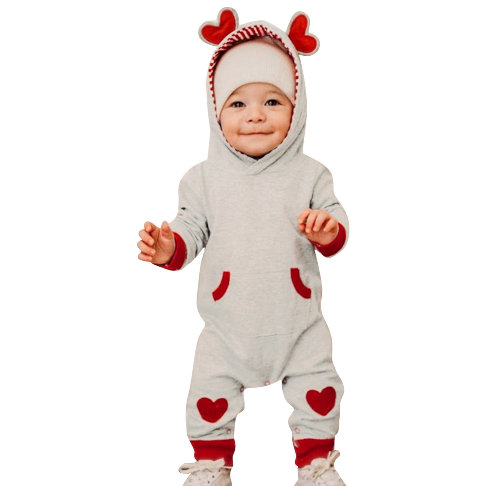 Byoo Baby Boys Valentine's Day Heart Print Hooded Romper (Grey, 12-18 Months) jqbuq