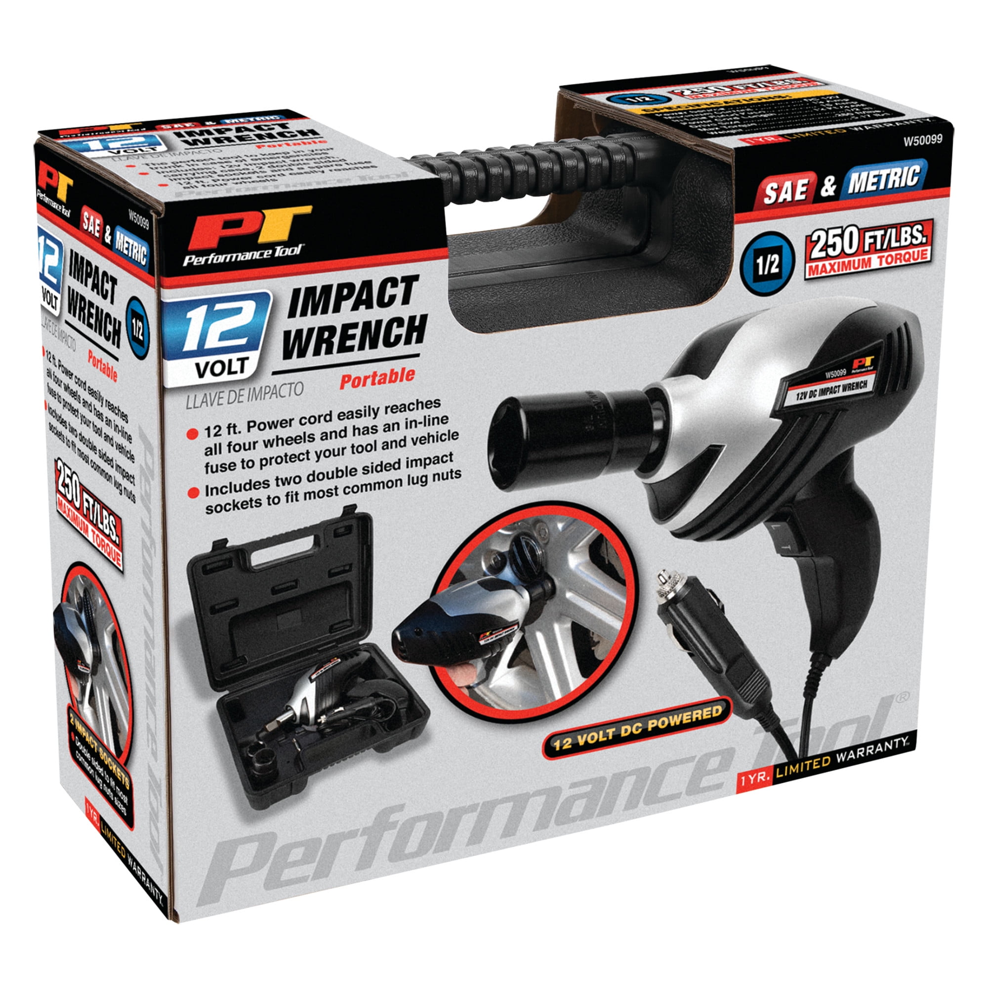 Performance Tool 12V DC Impact Wrench (1/2 in. Drive, High Torque, Includes 4 Sockets and Carrying Case) 4u28r