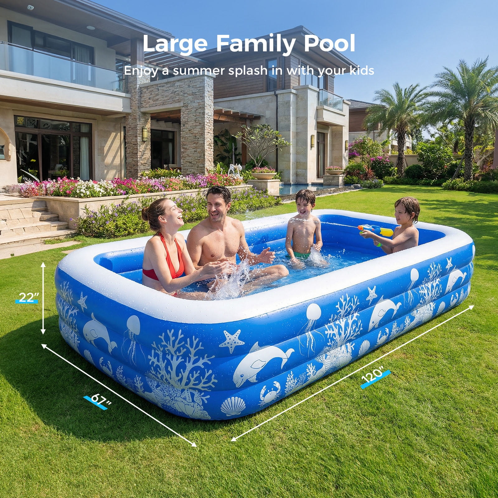 TASKBAY Inflatable Family Swimming Pool, Oversized Thickened Outdoor Kiddie Pool (Blue, 120 in x 67 in x 22 in) dw16a