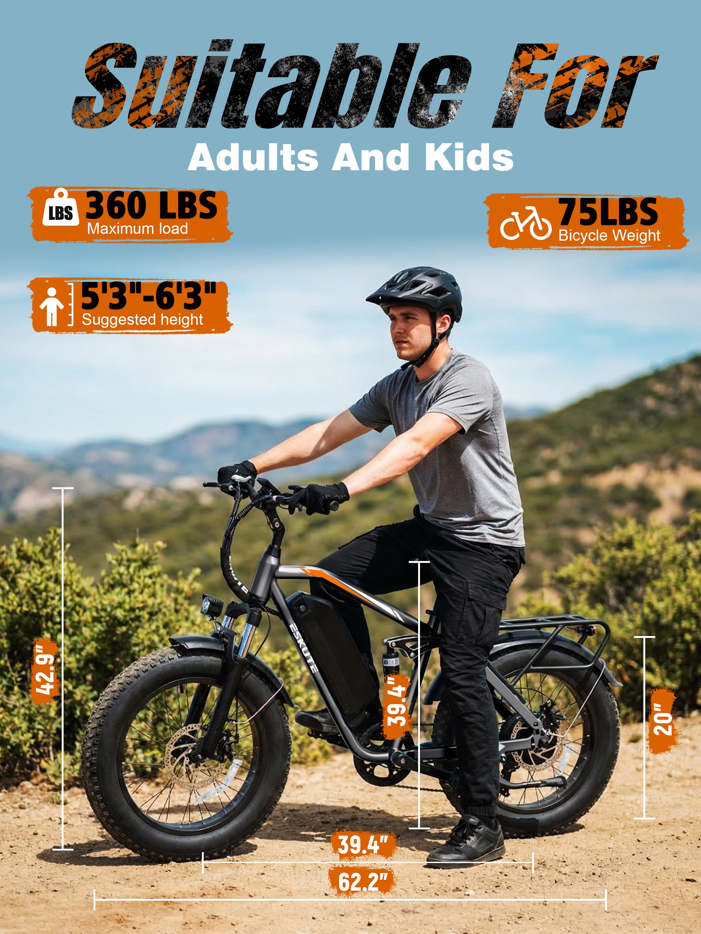 Elecby M300 Electric Mountain Bike, Full Suspension Fat Tire Ebike, 1200W Motor, 52V 20.8Ah Battery (Black, One Size) nd2ow