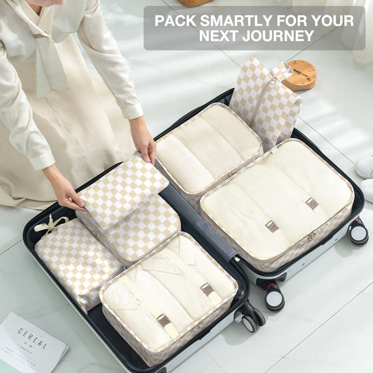 Livhil 8-Piece Travel Packing Cubes Set for Luggage Organization (Khaki Plaid, 8-Piece Set) oc2qf
