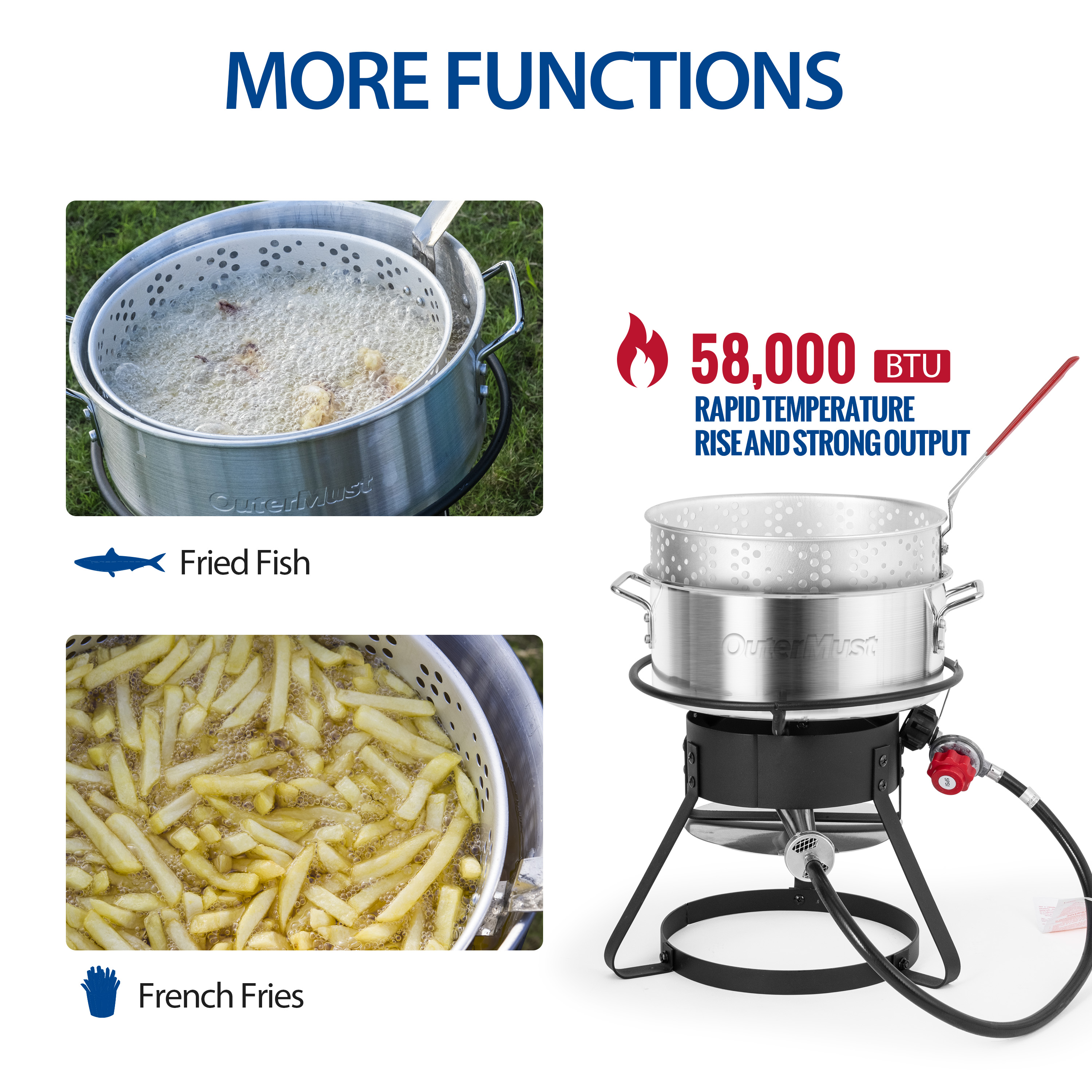OuterMust Outdoor Deep Fryer Pot with Basket and Thermometer (11 qt, Silver) kmhb4