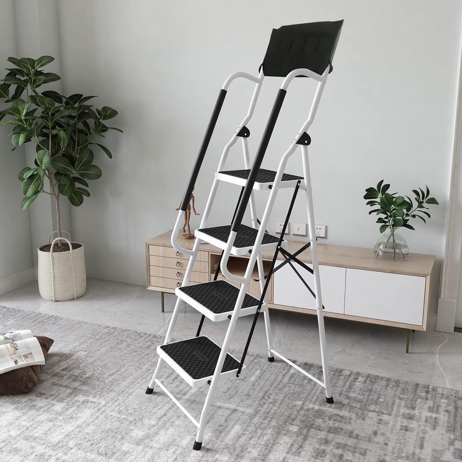 Whifea 4-Step Folding Ladder with Handgrip and Anti-Slip Wide Platform (330 lb Capacity) 0119t