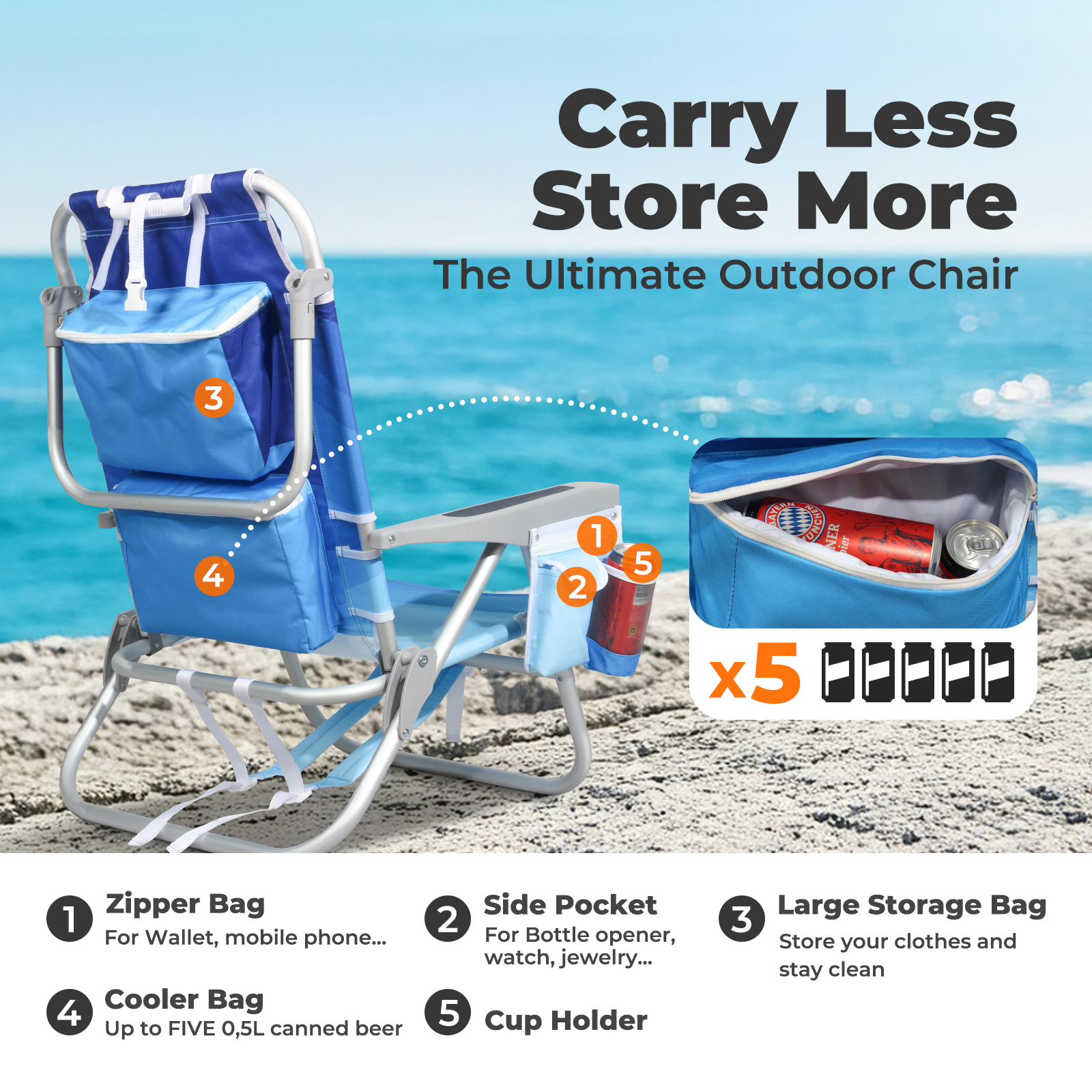 Join Nature 5-Position Lay-Flat Backpack Beach Chair with Insulated Cooler and Storage Pocket (Wave Blue, 300 lb Capacity) 97zzu