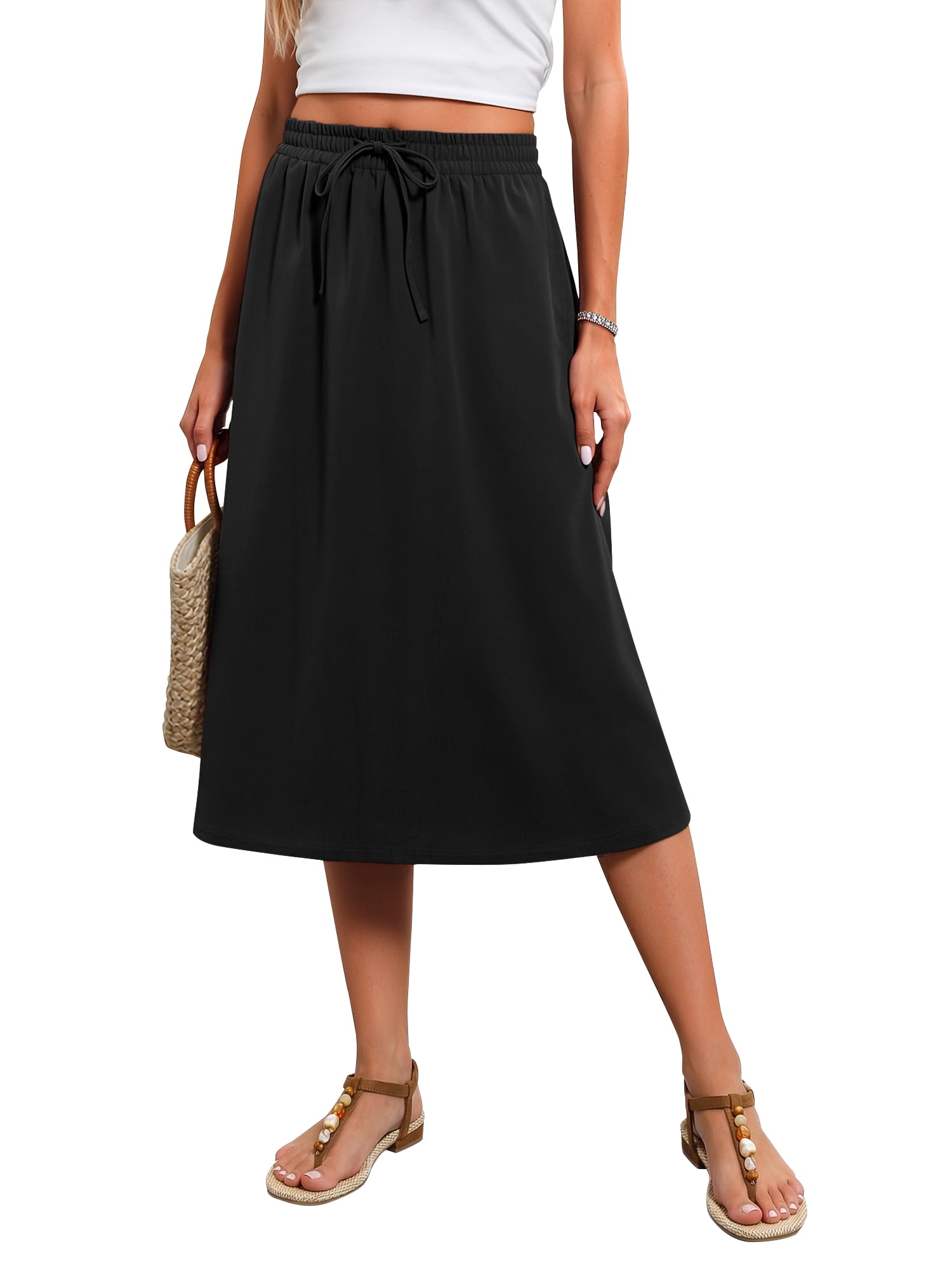 Fantaslook Womens Midi Skirt High Waisted Flowy A-Line Skirt with Pockets (Black, M) xuzn2