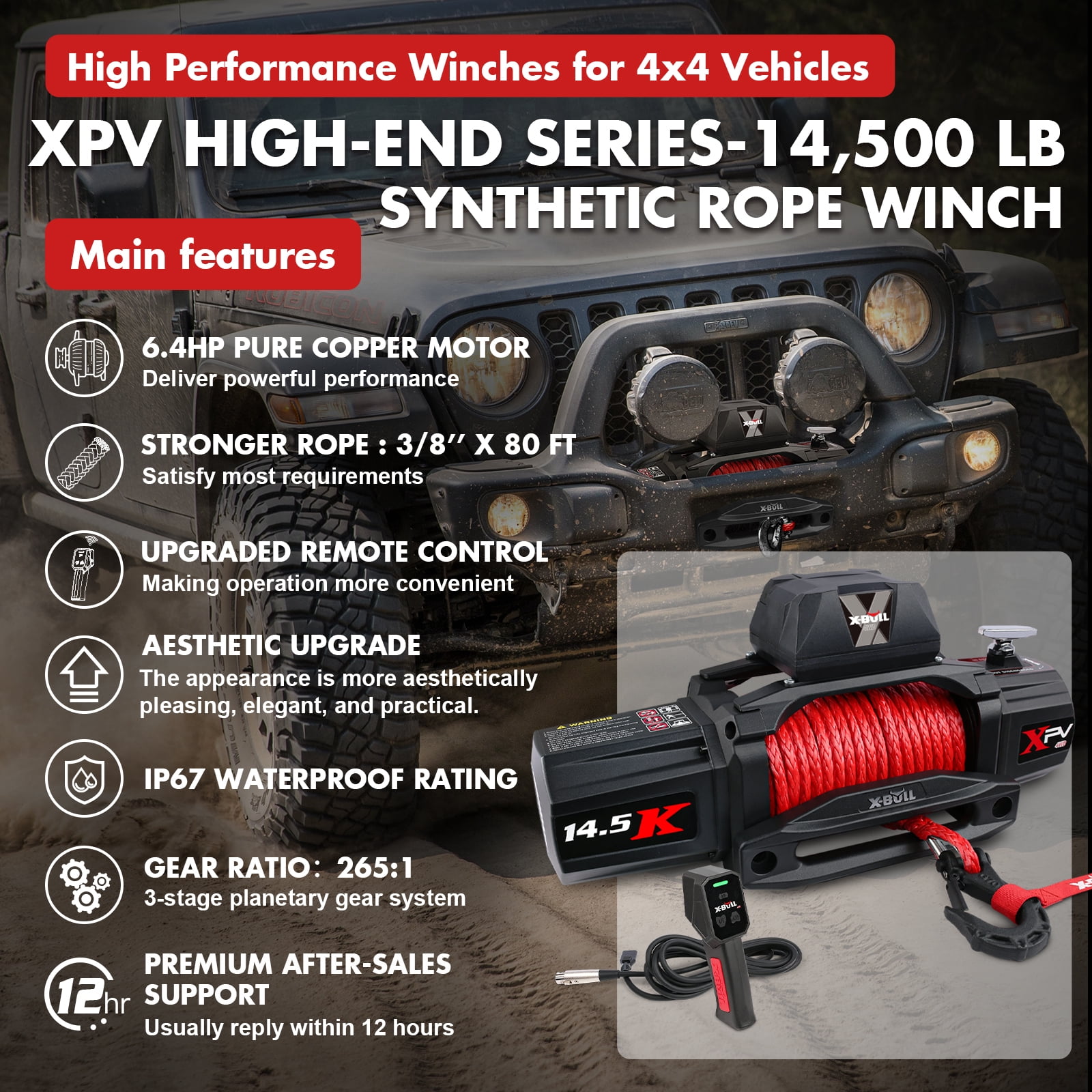 X-BULL Electric Winch XPV 14500 lb 12V Synthetic Rope Off-Road Recovery System (Black, 14500 lb) pqkvu