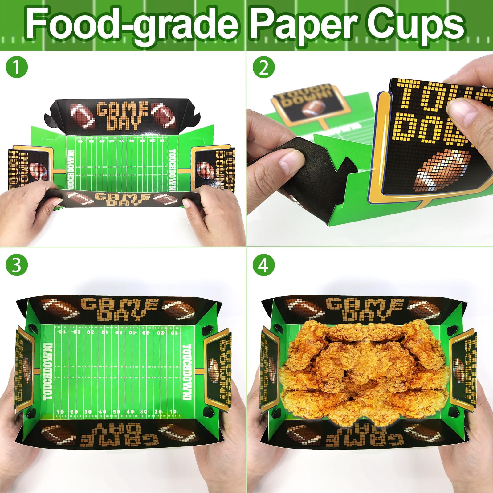 ANTIC DUCK Football Party Food Trays, Disposable Paper Serving Plates for Game Day and Sports Themed Events (Green, 24 Pack, 8.5 x 7 x 2.2 in) cpqkw