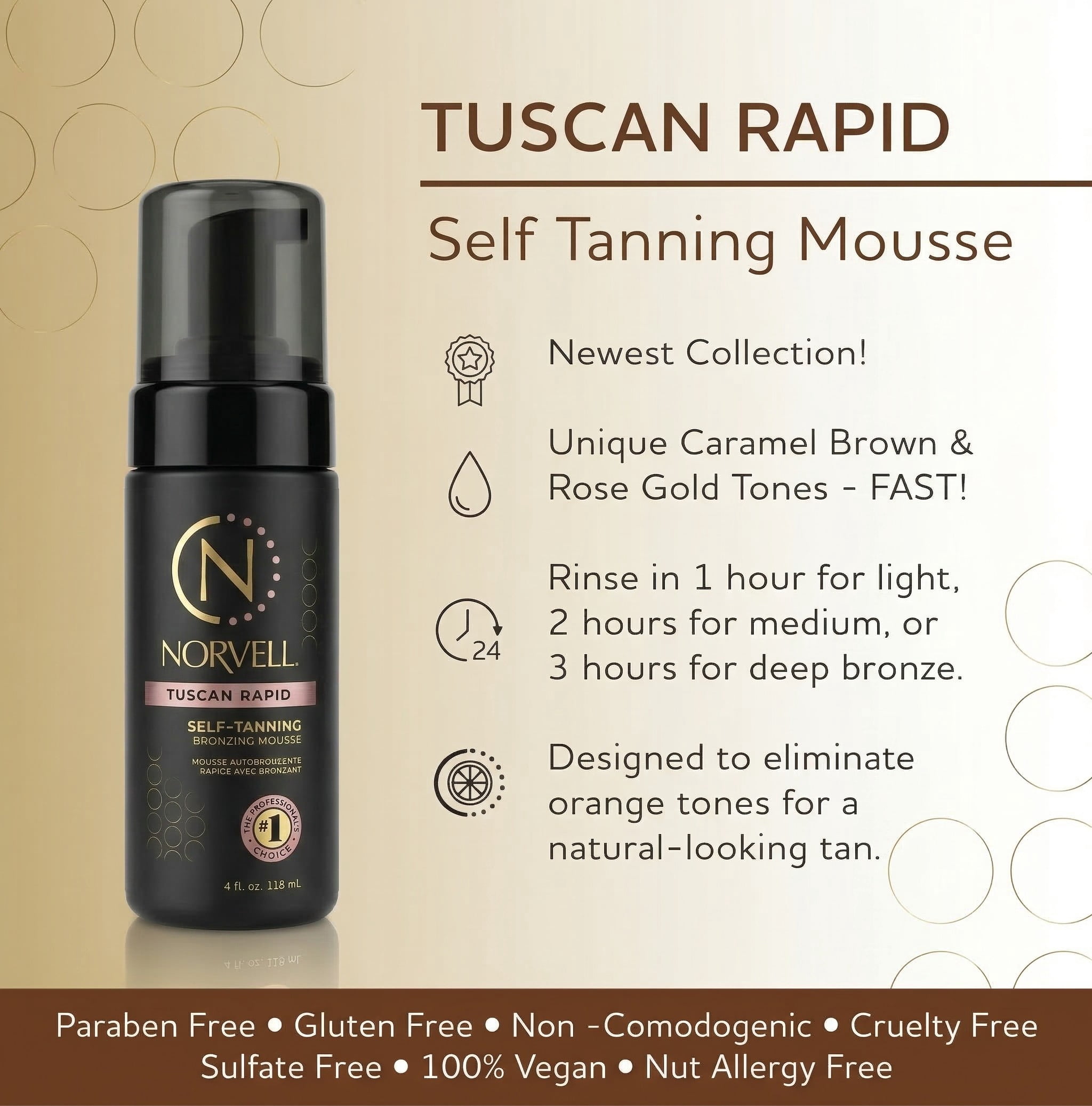 Norvell Tuscan Rapid Mousse Self-Tanner, Professional Sunless Bronzing Formula (Caramel Brown, 4 fl oz) efh9e
