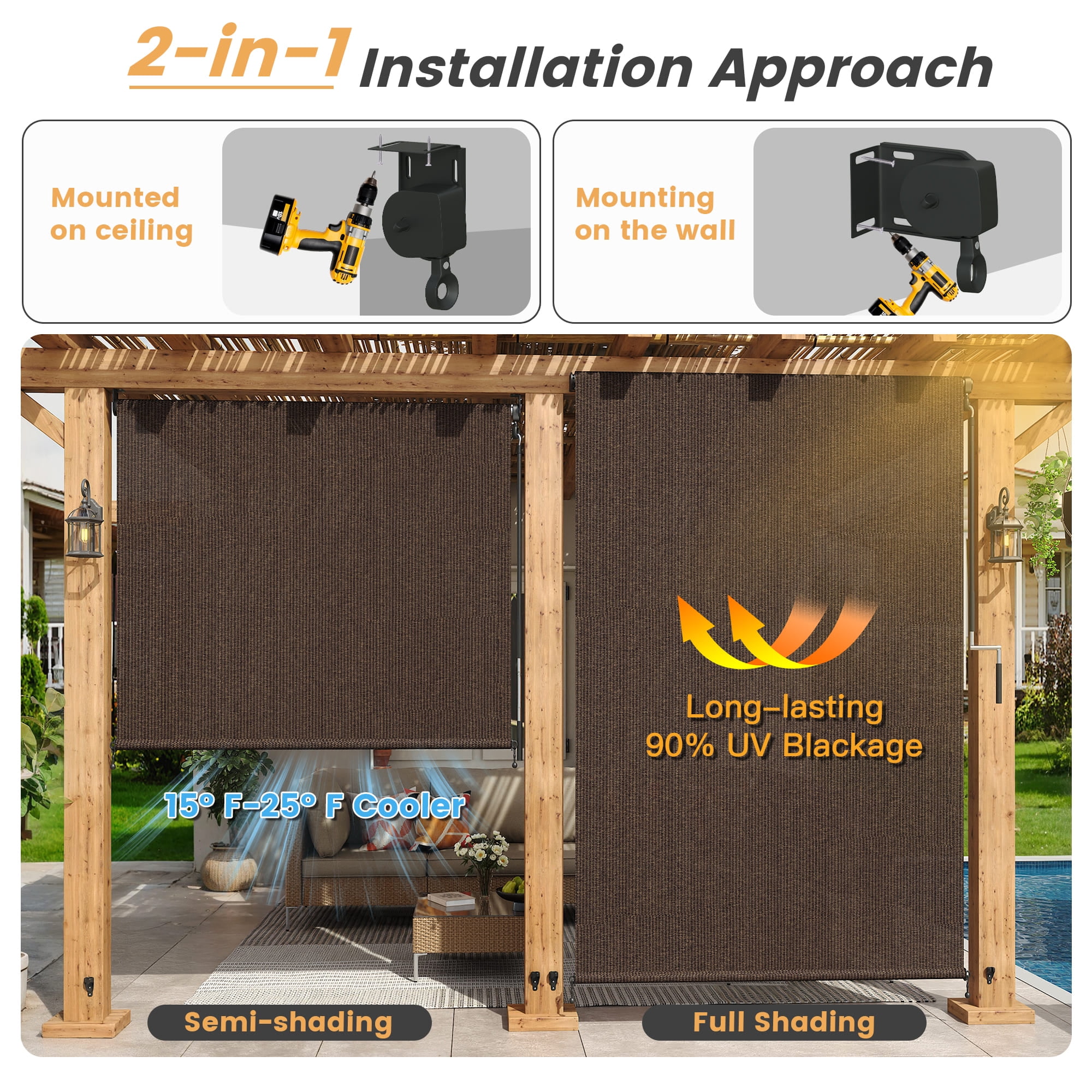 Vicllax Outdoor Sun Roller Shade for Patio Porch with Crank Operation (Mocha, 10 ft W x 8 ft H) aw6gg