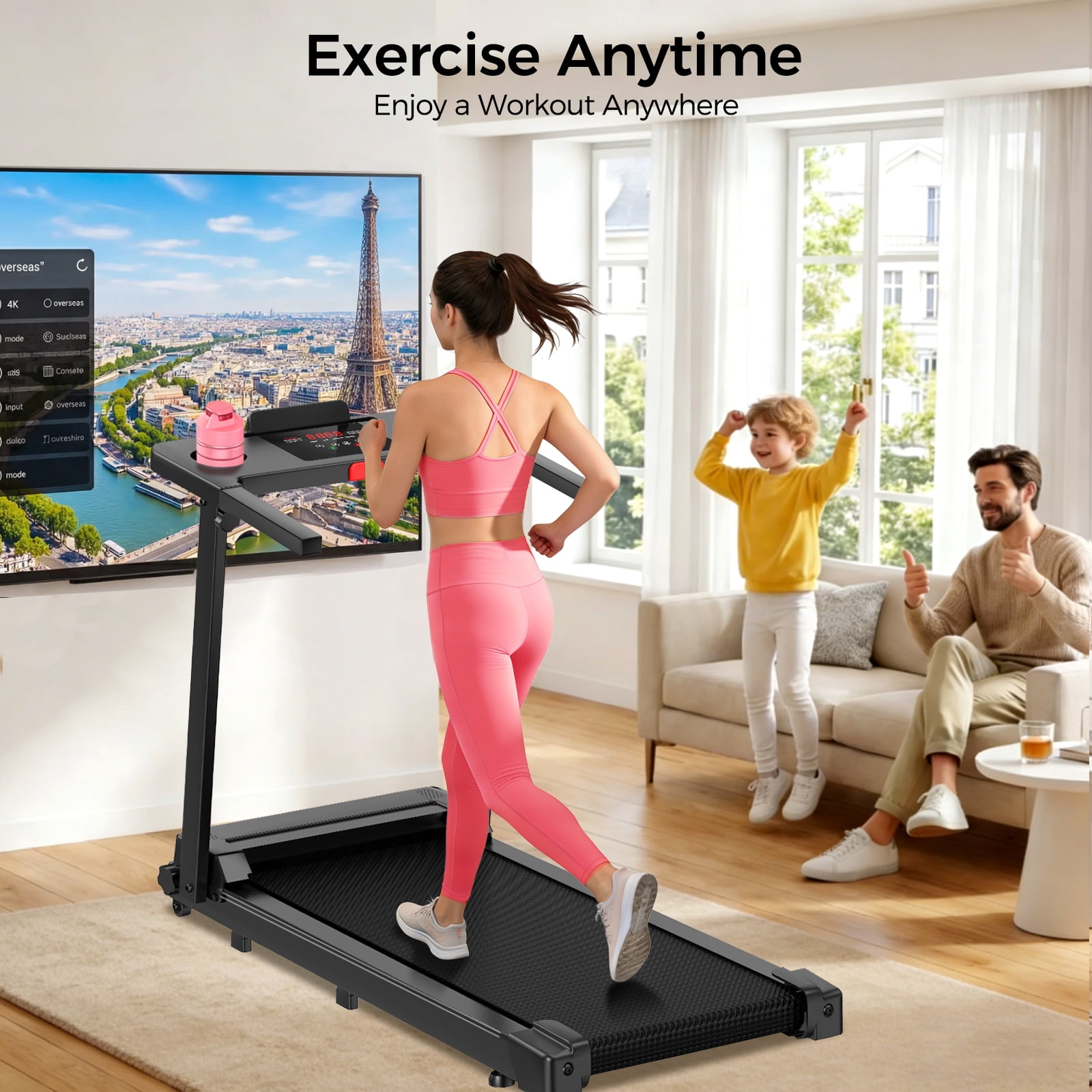 Tomile Folding Treadmill, 3.0 HP Walking Pad for Home Fitness, Compact Running Machine with LED Display (Black, 300 lb Capacity) nsnm6