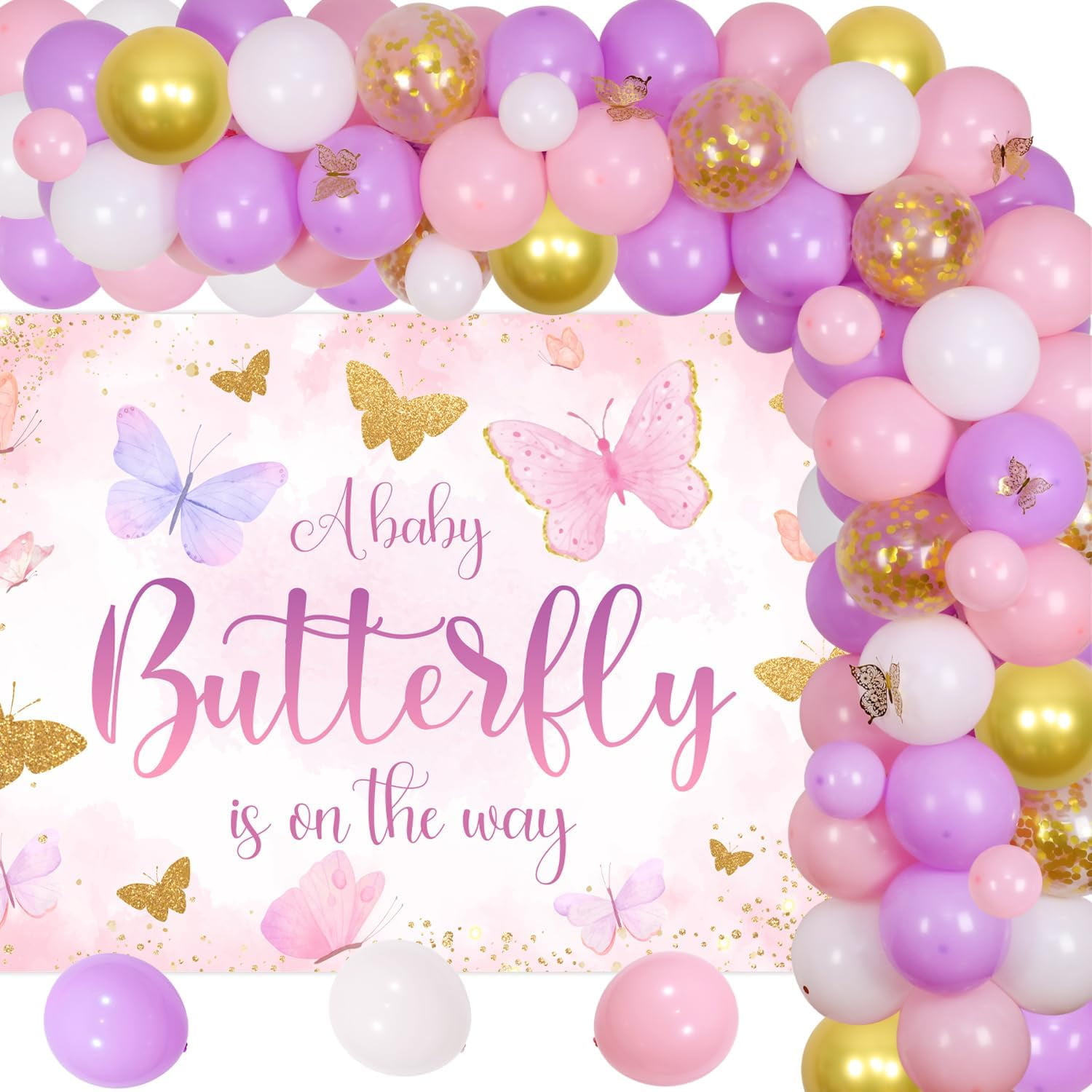 Sursurprise Butterfly Baby Shower Decoration Set with Balloon Garland Arch and Backdrop (Purple and Gold, 1 Set) izlom