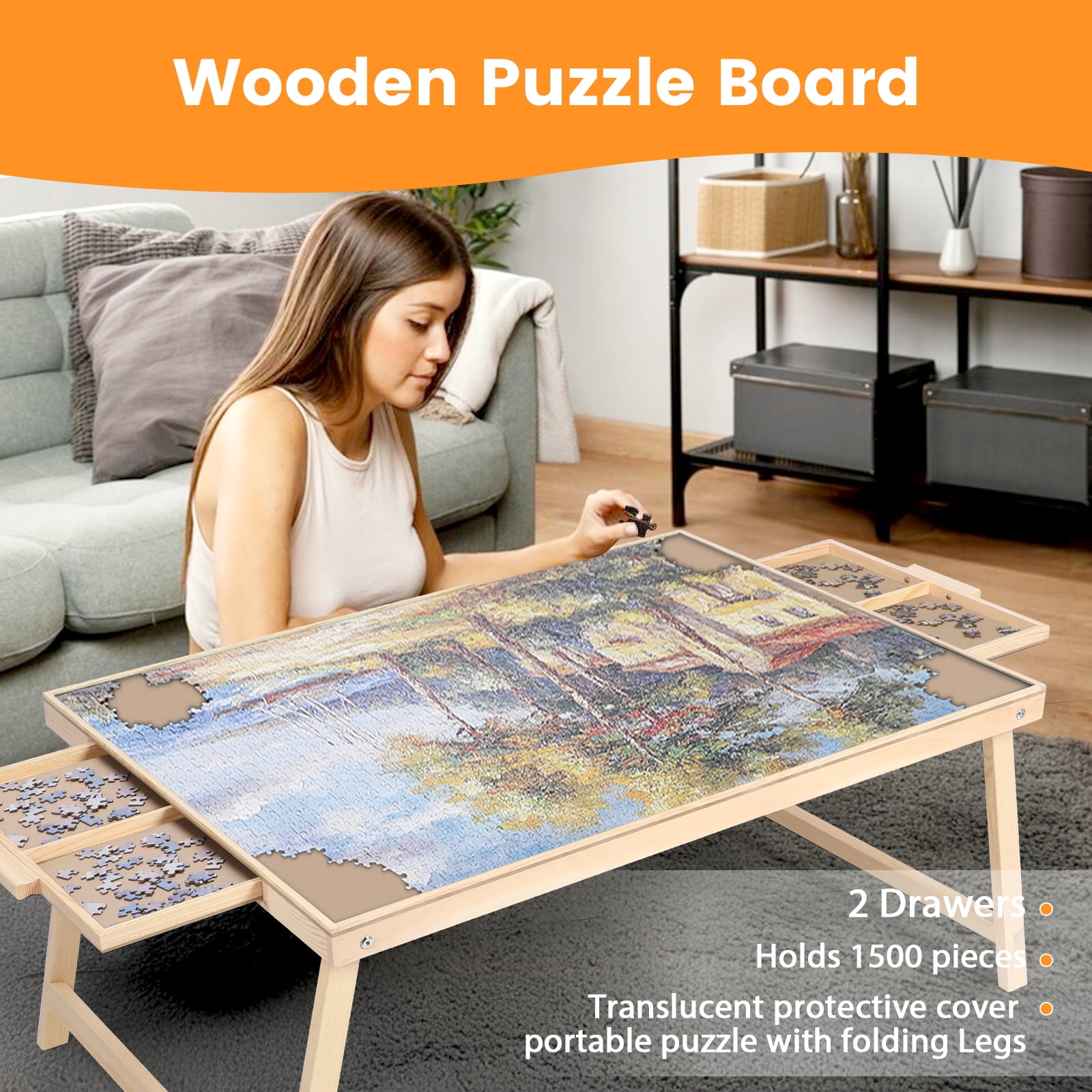 KALNUR Jigsaw Puzzle Board with Folding Legs and 2 Sliding Drawers (Natural Wood, 34 in x 26 in) 51zyj