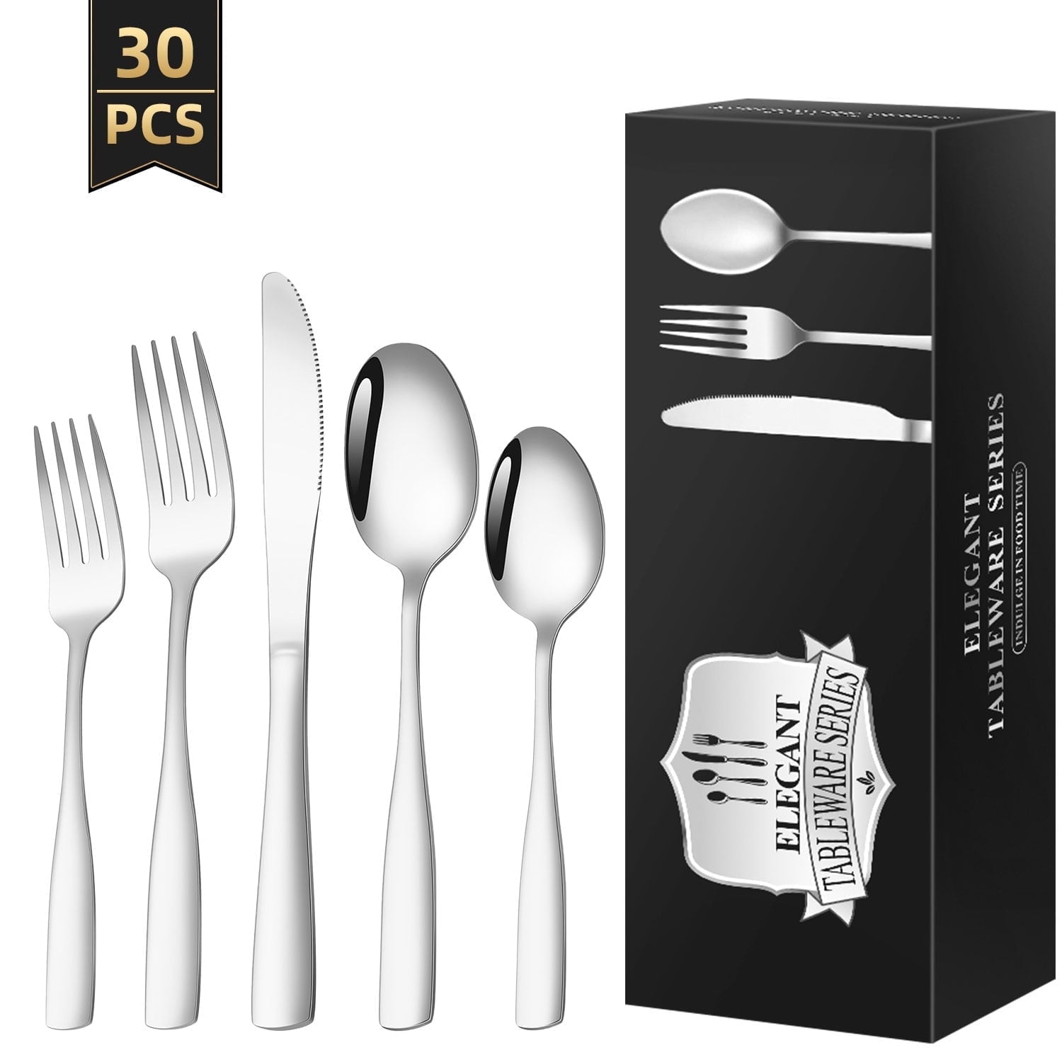 TINANA Stainless Steel Flatware Set, Mirror Polished Cutlery for 6, Dishwasher Safe (Silver, 30 Piece Set) dhi8d