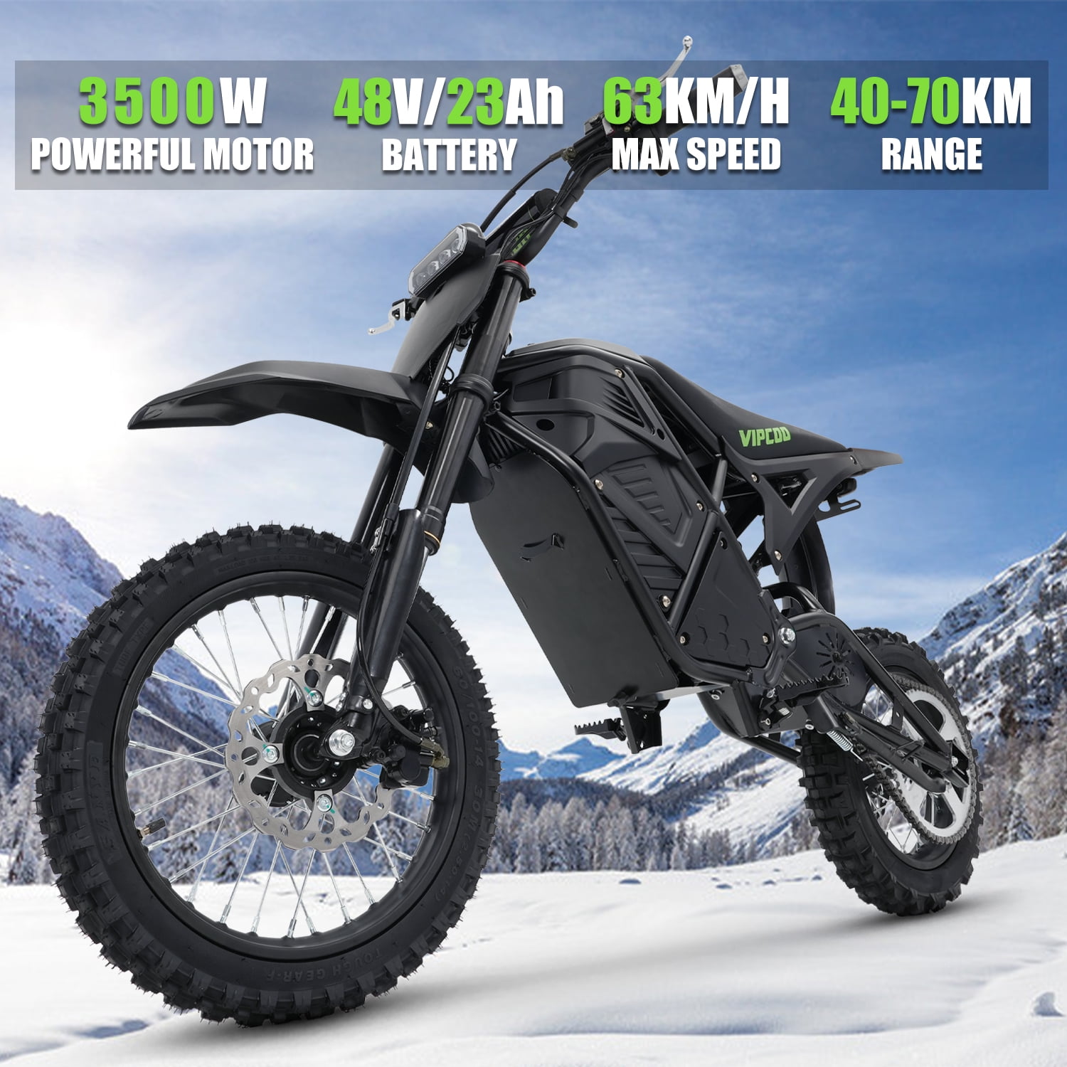 VIPCOO Electric Mountain Bike, High-Speed Off-Road E-Bike with Fat Tires, 330 lb Load Capacity (Black, 63 in) ob9hb