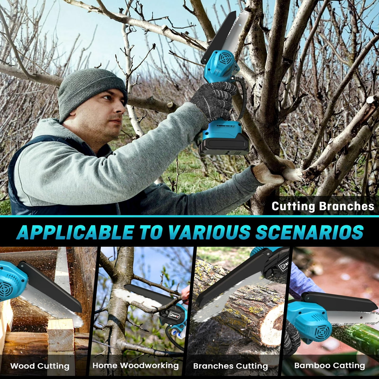 Susuzi 8-Inch Cordless Chainsaw, Brushless Mini Handheld Power Tool for Tree Trimming and Wood Cutting (Blue, 4.85 lb) 0mv7b