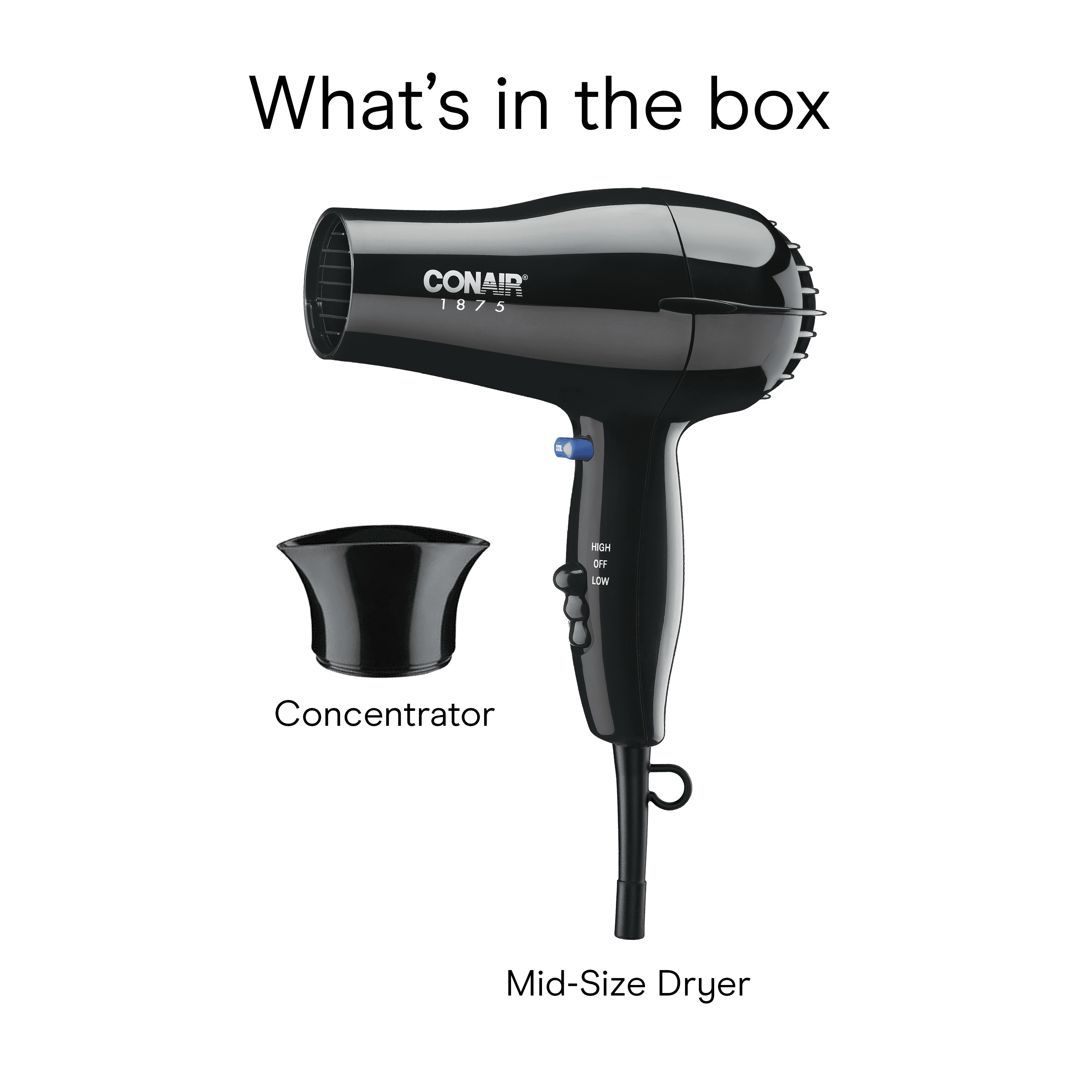 Conair Mid-Size Hair Dryer with Concentrator Attachment, Lightweight Ergonomic Design (Black) uh15v