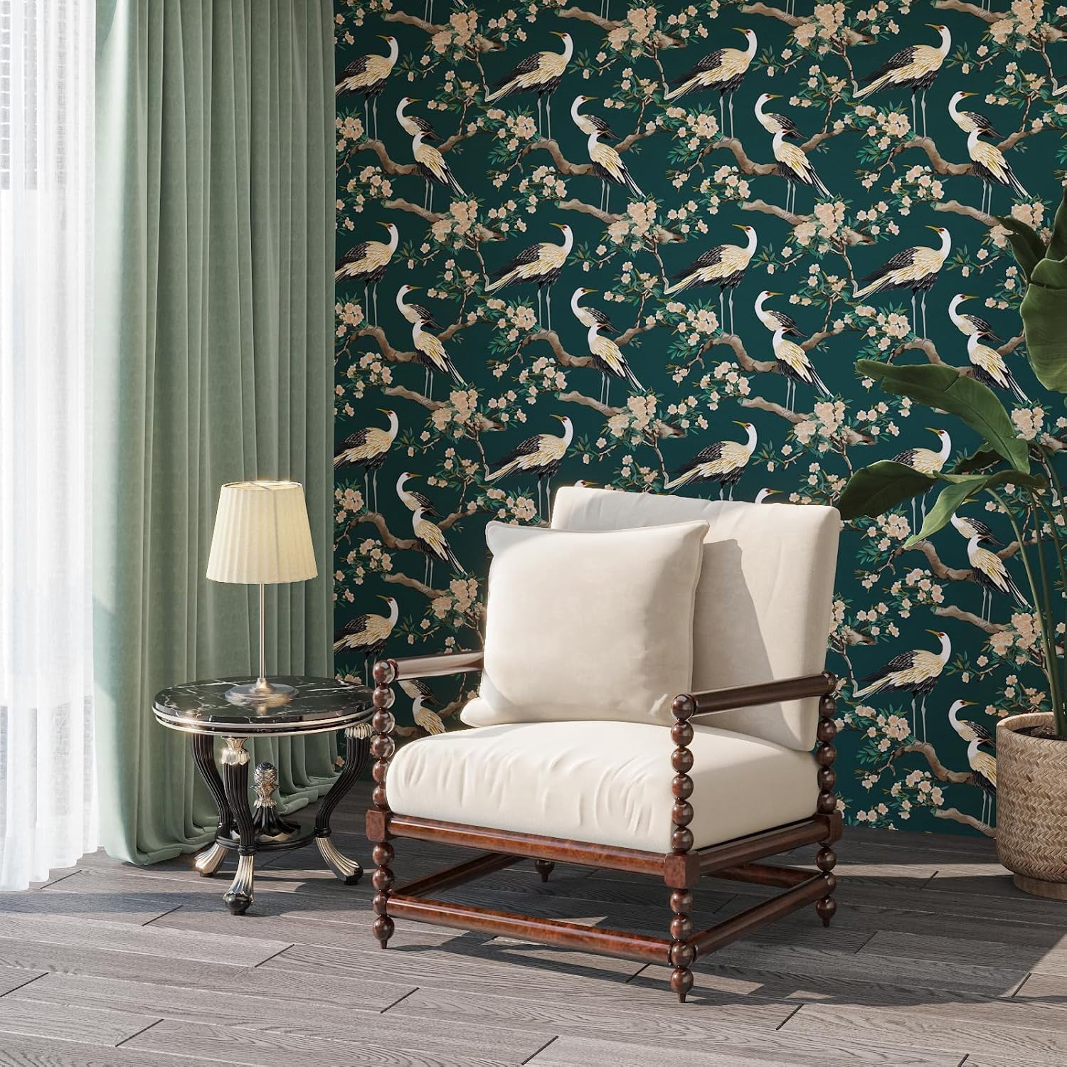 Usachibb Peel and Stick Wallpaper, Crane Bird Floral Contact Paper (Dark Green, 17.5 in x 118 in) 8ncdf