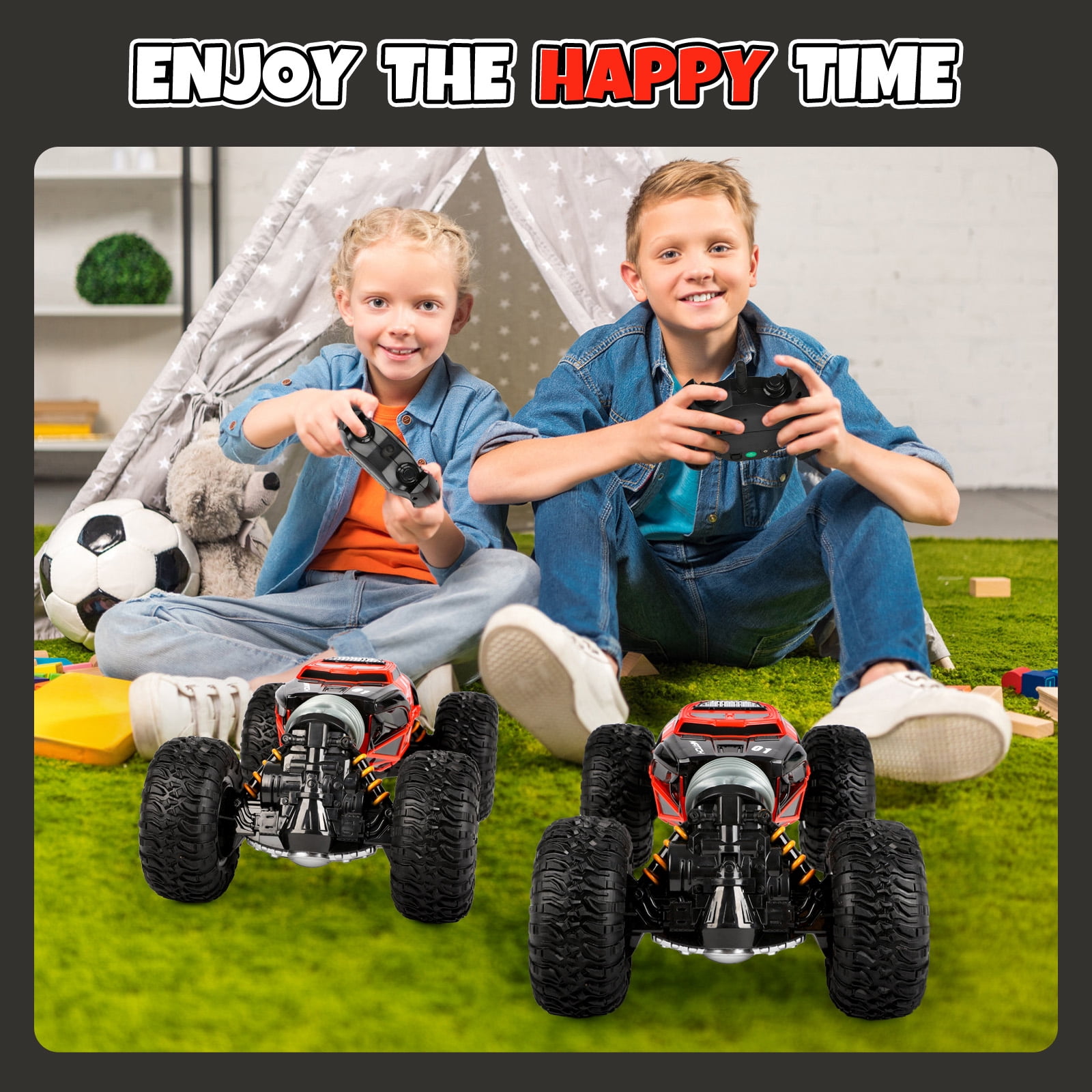 FLOOYES RC Stunt Car 4WD Remote Control Vehicle with LED Lights and Double-Sided Driving (Blue, 1 Pack) l6645