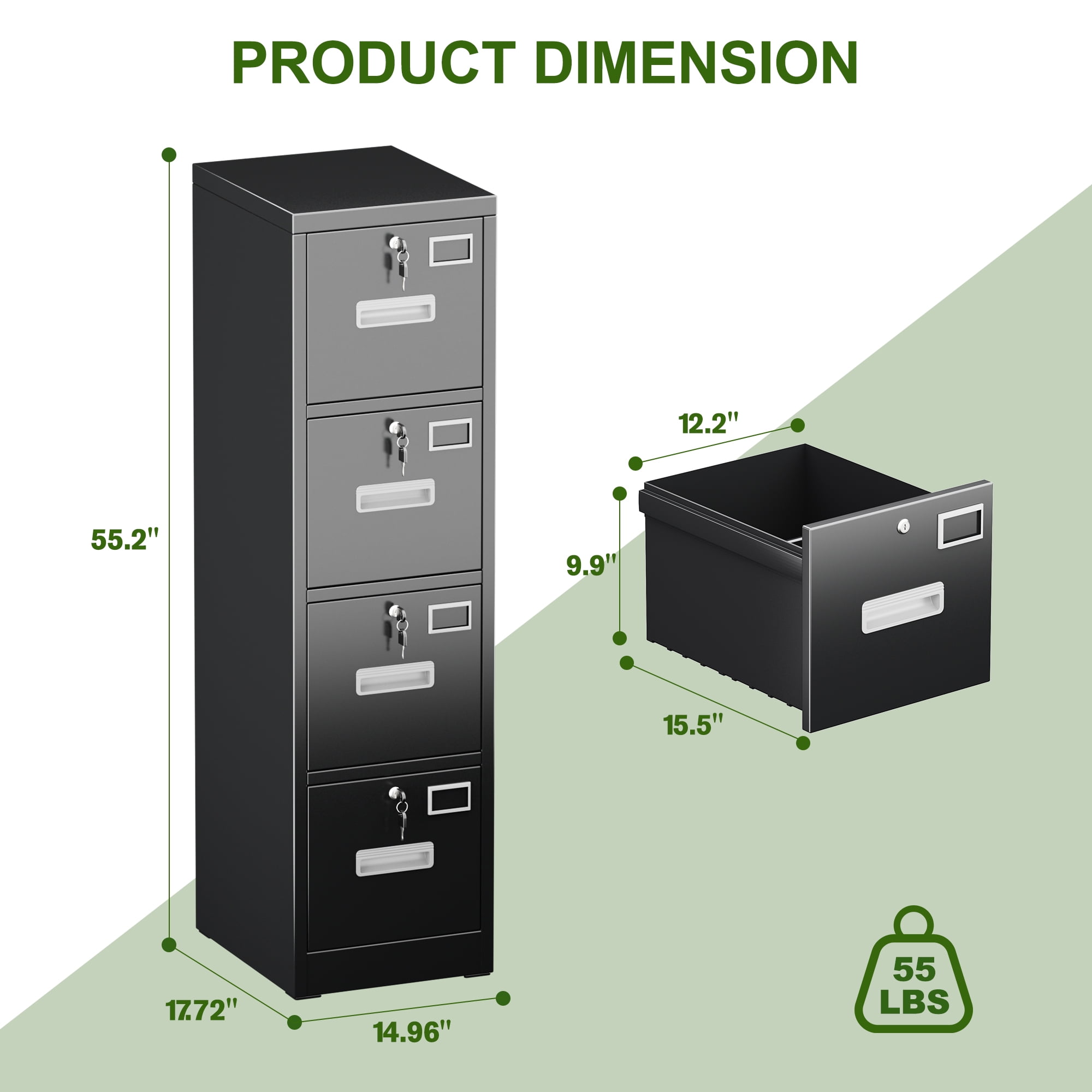 HUAXRON 4-Drawer Vertical File Cabinet with Individual Locks and Hanging Folder Rails (Black) hvun2