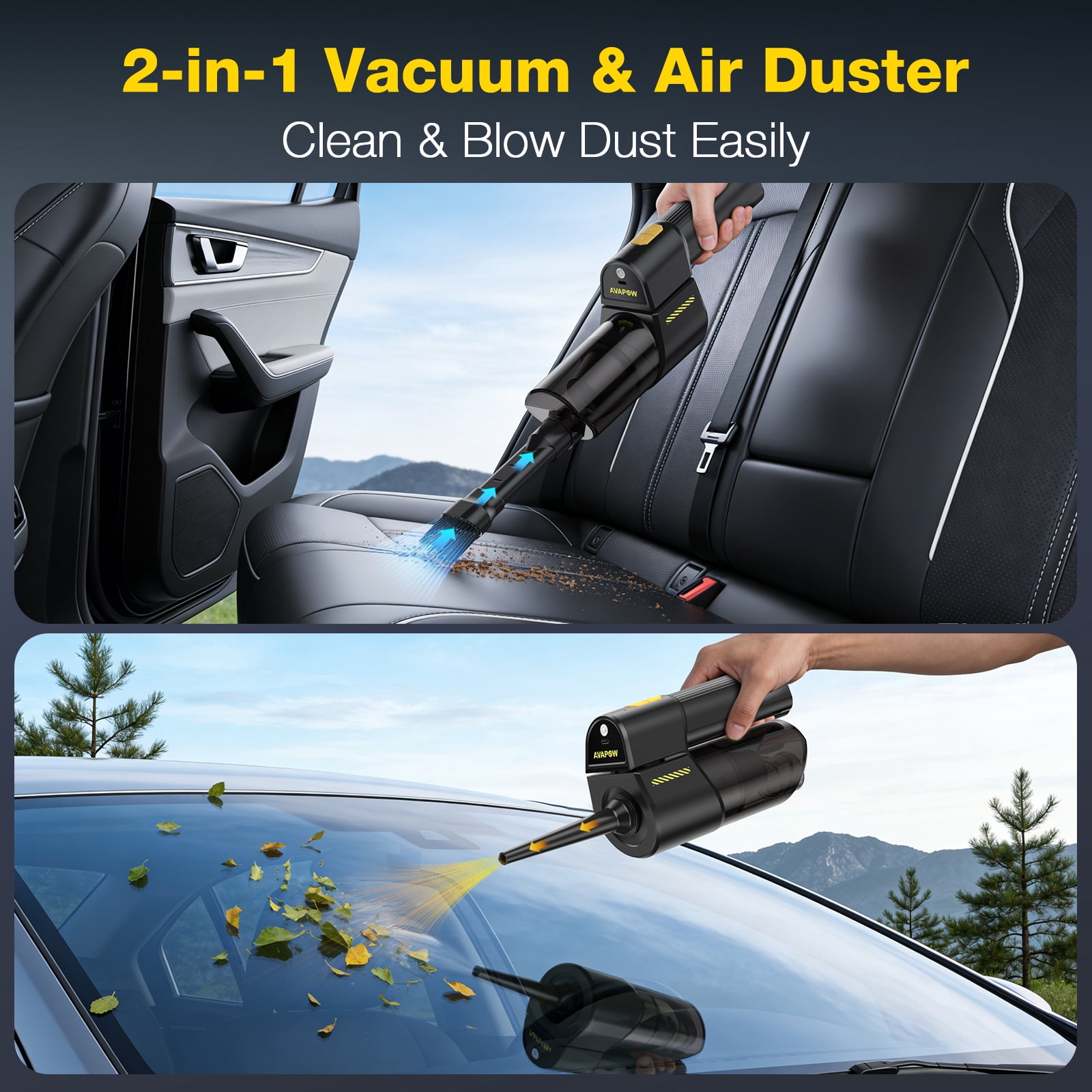 AVAPOW Cordless Handheld Car Vacuum and Air Duster 2-in-1 Portable Cleaner with LED Light (Black, 18000PA) 1fvn7