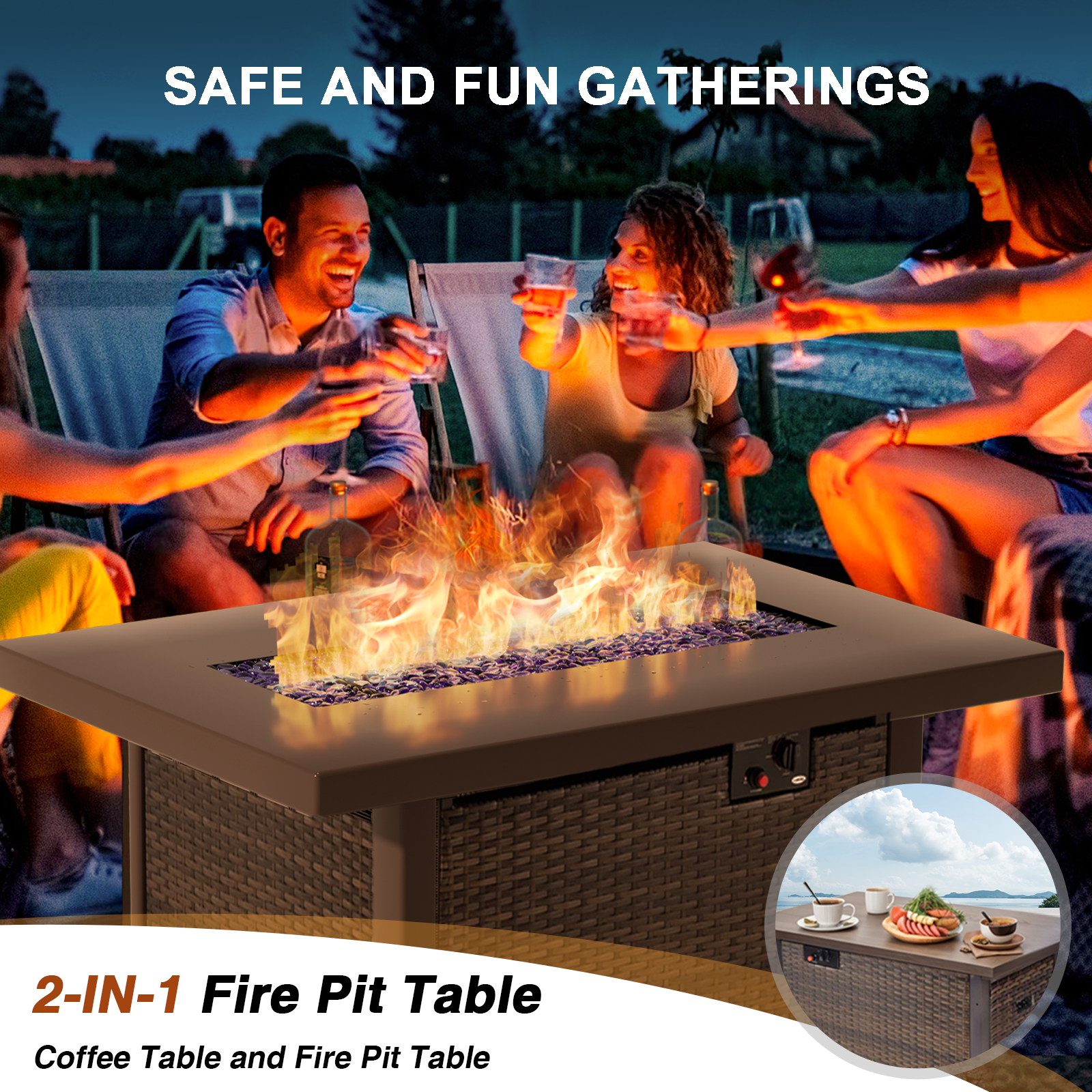 GREZONE 12-Piece Outdoor Patio Furniture Set with 43 in 55000 BTU Gas Propane Fire Pit Table and Rattan Wicker Sectional (Red) clrfx
