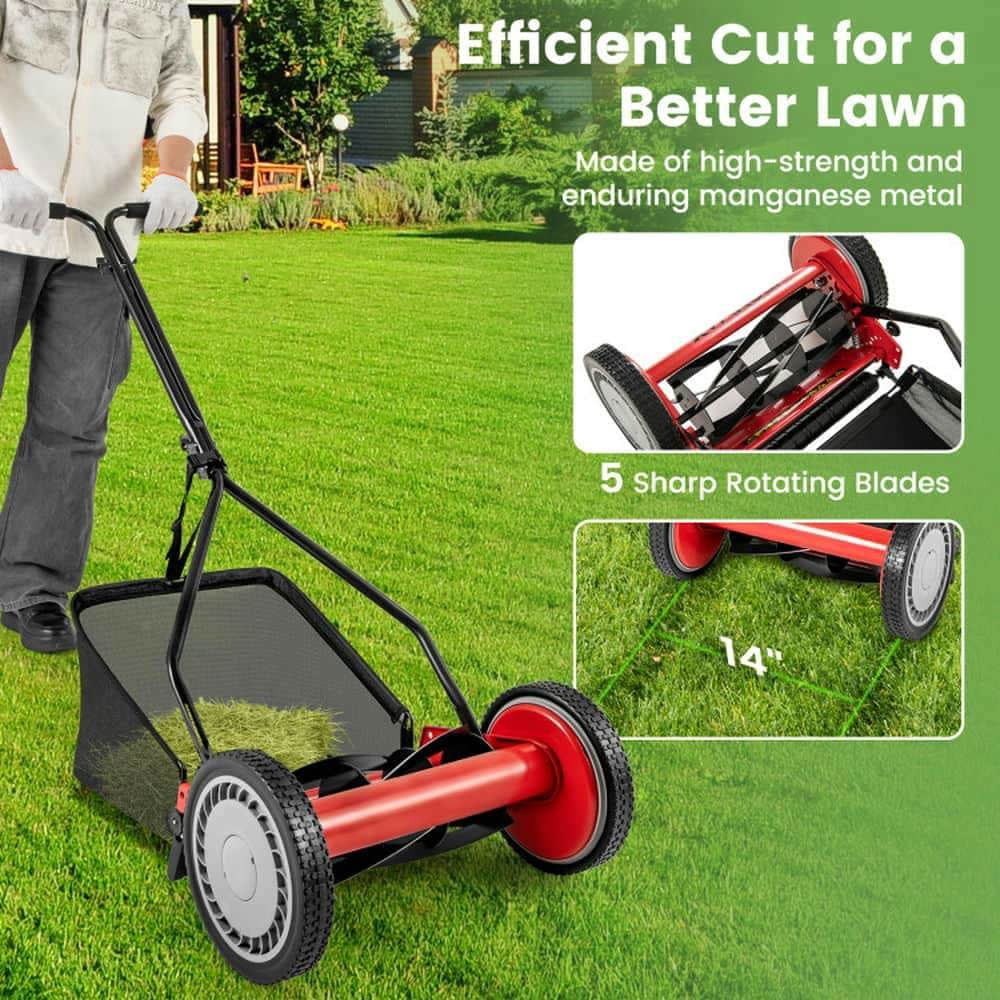 Yardi Yarda 14 Inch Push Lawn Mower with 5 Steel Blades and Grass Catcher Bag (Red, 14 in) ccr71