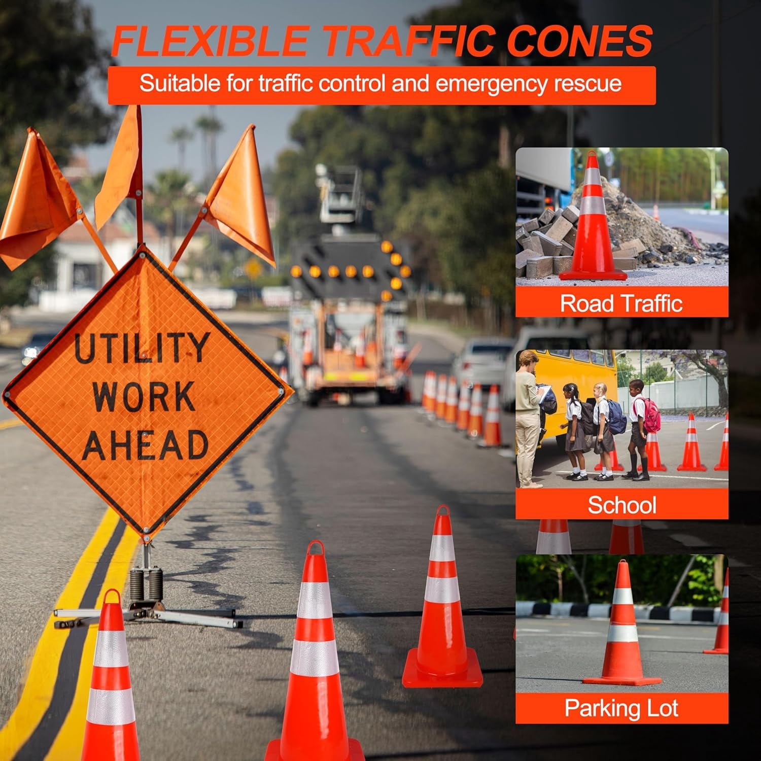 Towallmark 28 Inch Traffic Safety Cones with Reflective Collars and Weighted Bases (Orange, 12 Pack) 8yos0