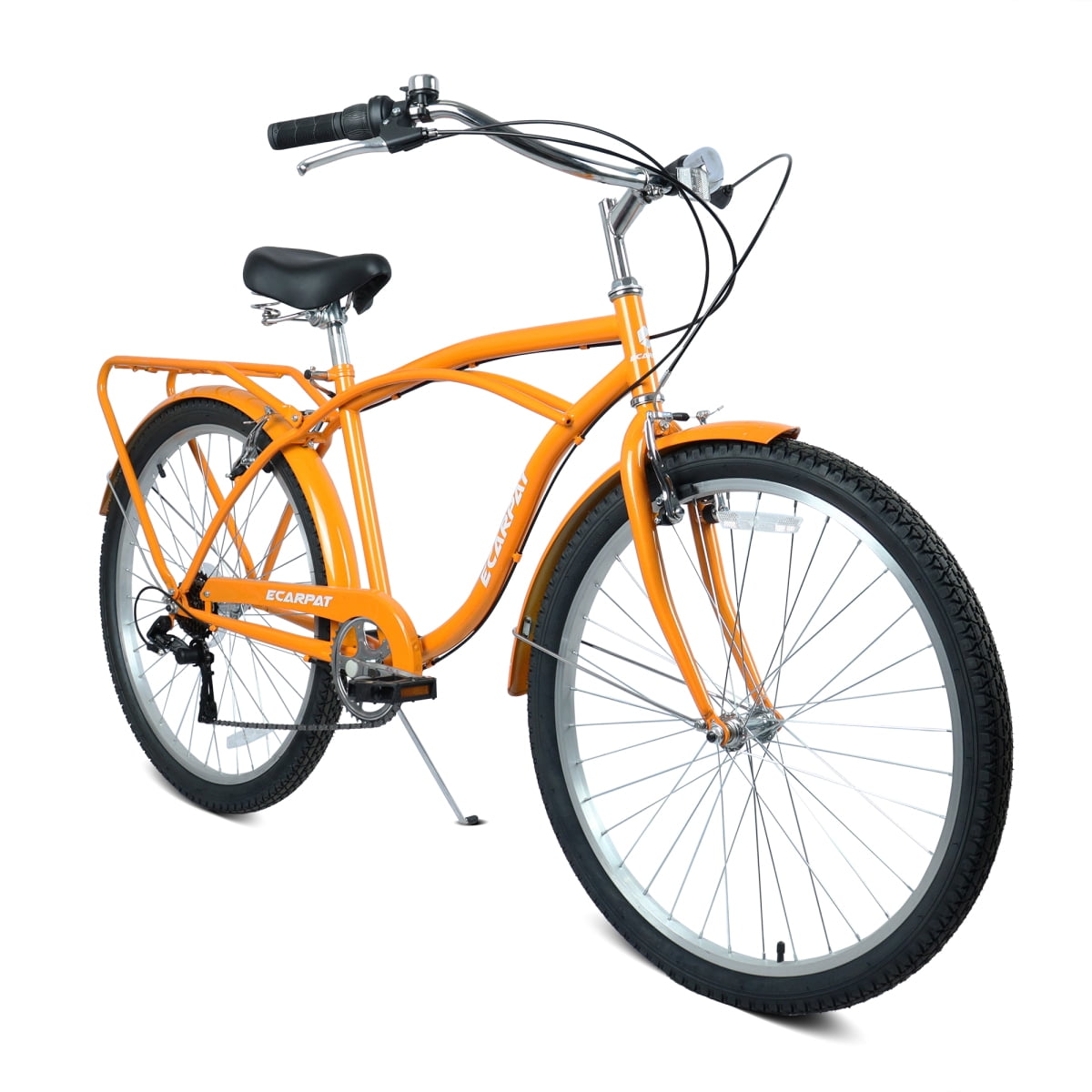 Retro 26 in Beach Cruiser Bike 7-Speed, High-Tensile Steel Frame with Comfort Step-Through Design (Orange, 26 in) jujdk