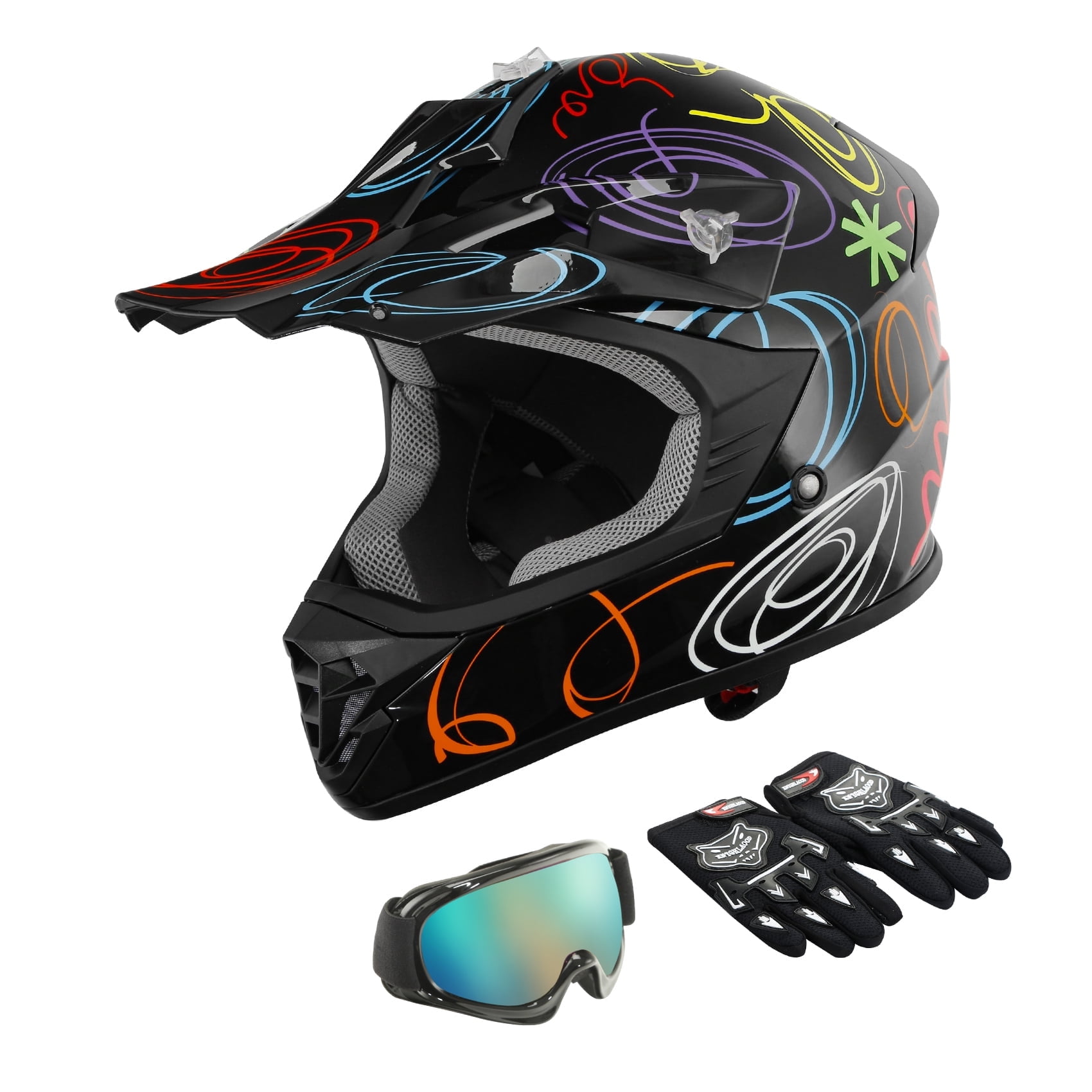 TCMT Kids Dirt Bike Helmet with Goggles and Gloves (Black Graffiti, Youth Small) 961ah
